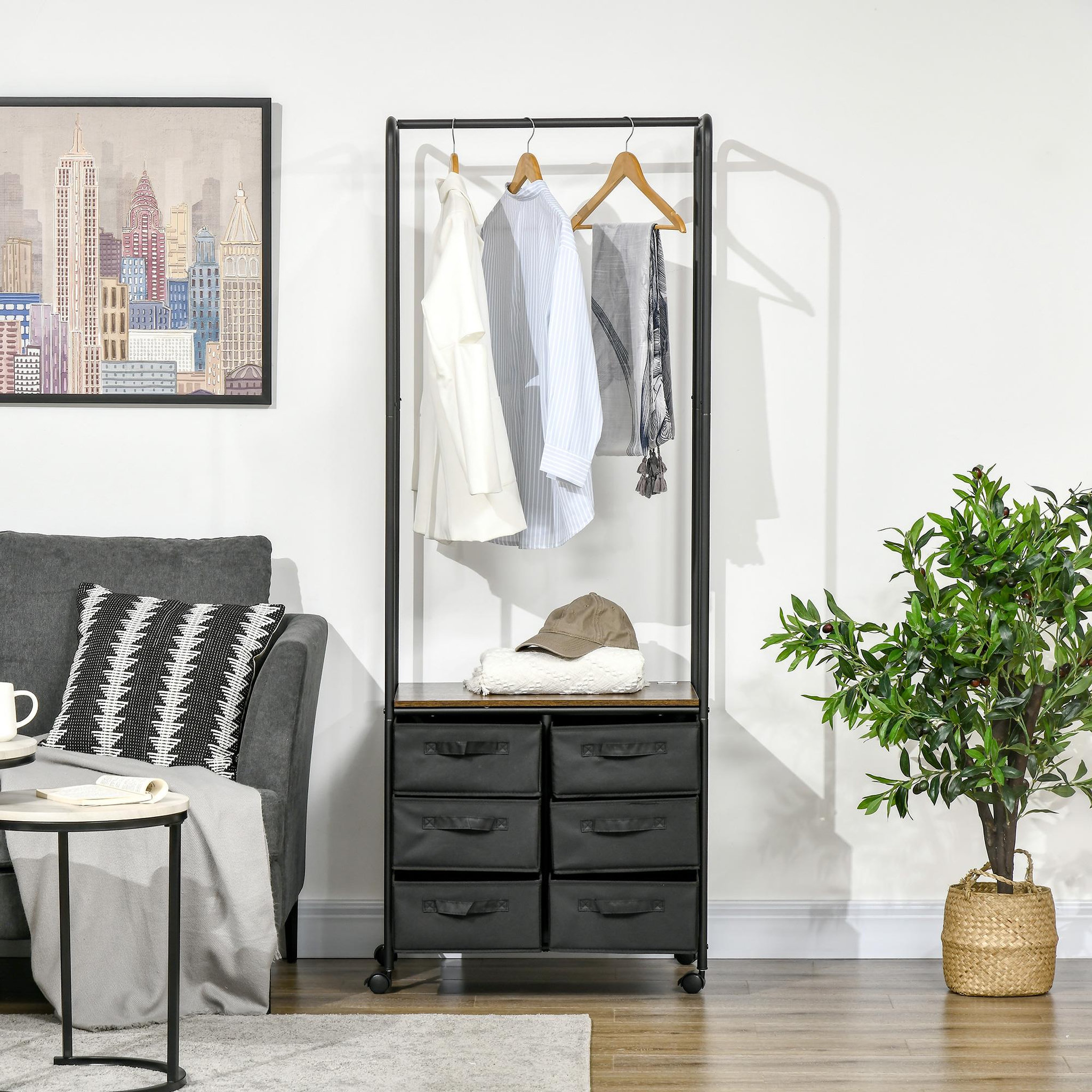 Voir la diapositive 3 : HOMCOM Penderie portant à vêtements style industriel sur roulettes 6 tiroirs barre penderie acier noir panneaux aspect bois