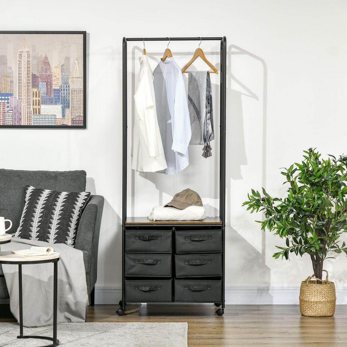 HOMCOM Penderie portant à vêtements style industriel sur roulettes 6 tiroirs barre penderie acier noir panneaux aspect bois