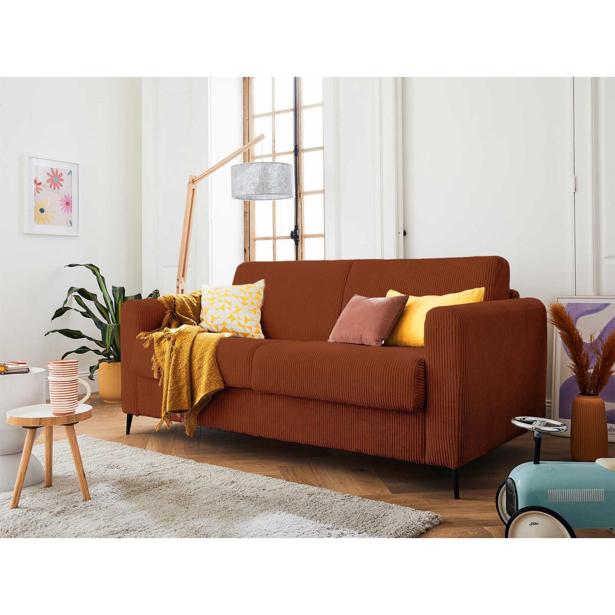 LISA DESIGN Owen - canapé 3 places convertible express couchage quotidien 140 cm matelas 12 cm en velours côtelé