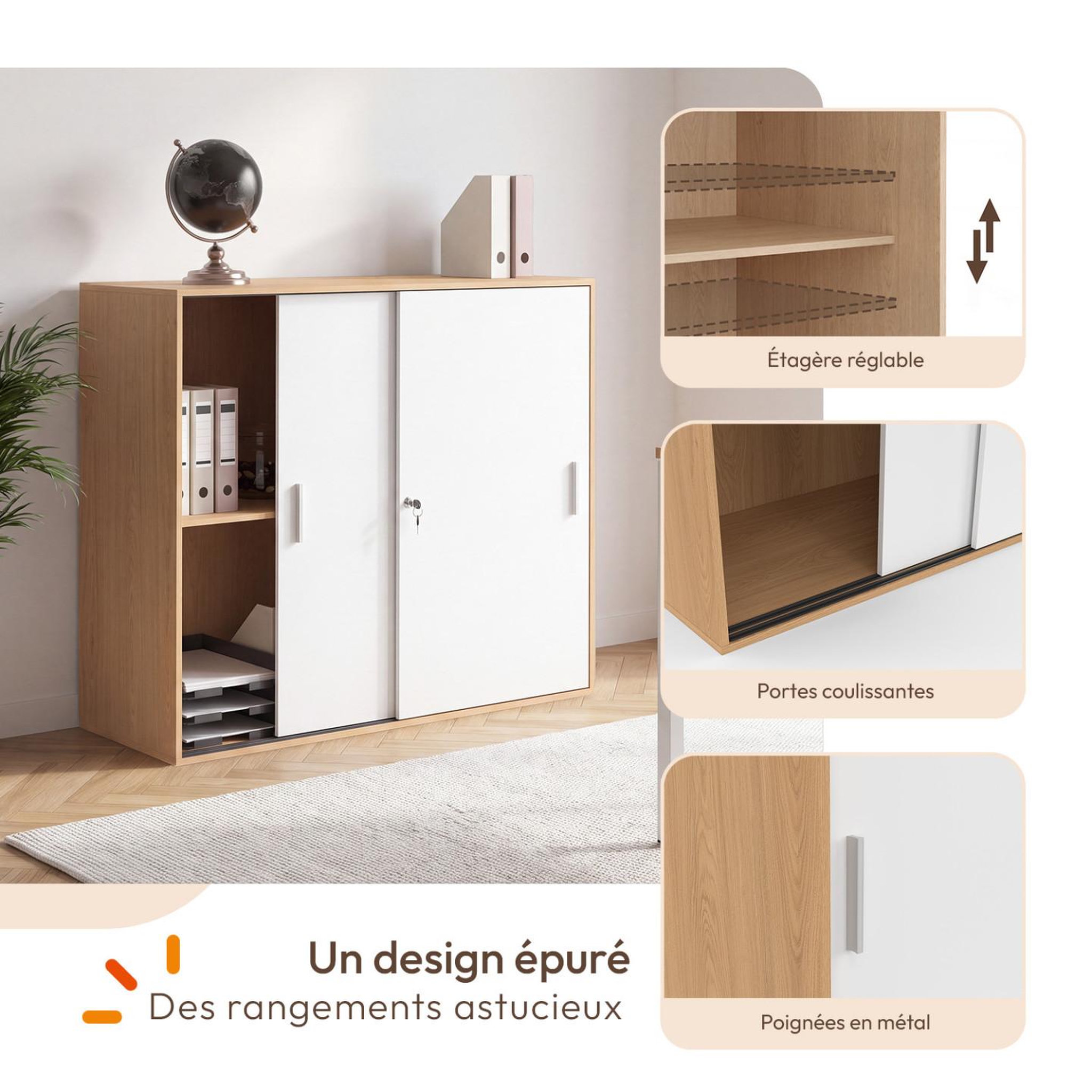 Voir la diapositive 3 : ID MARKET Armoire basse de bureau 2 portes coulissantes verrouillables MARIA façon hêtre et blanc