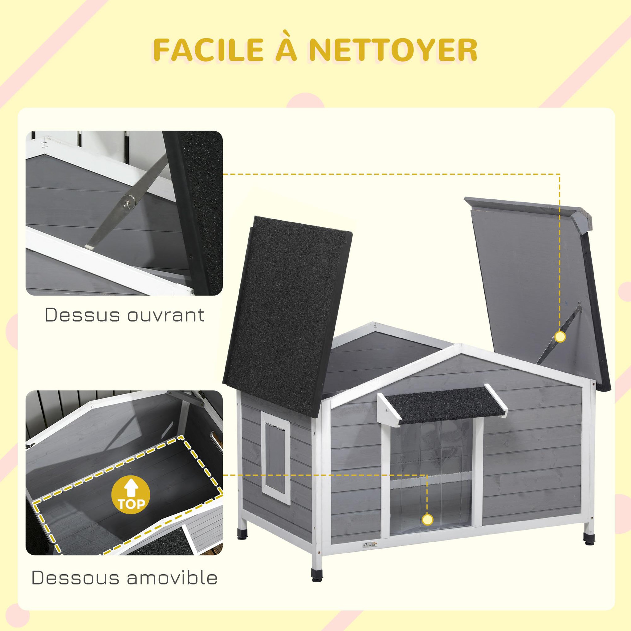 Voir la diapositive 5 : PAWHUT Niche chien style cottage - 2 fenêtres, porte, toit ouvrant bitumé - bois sapin gris