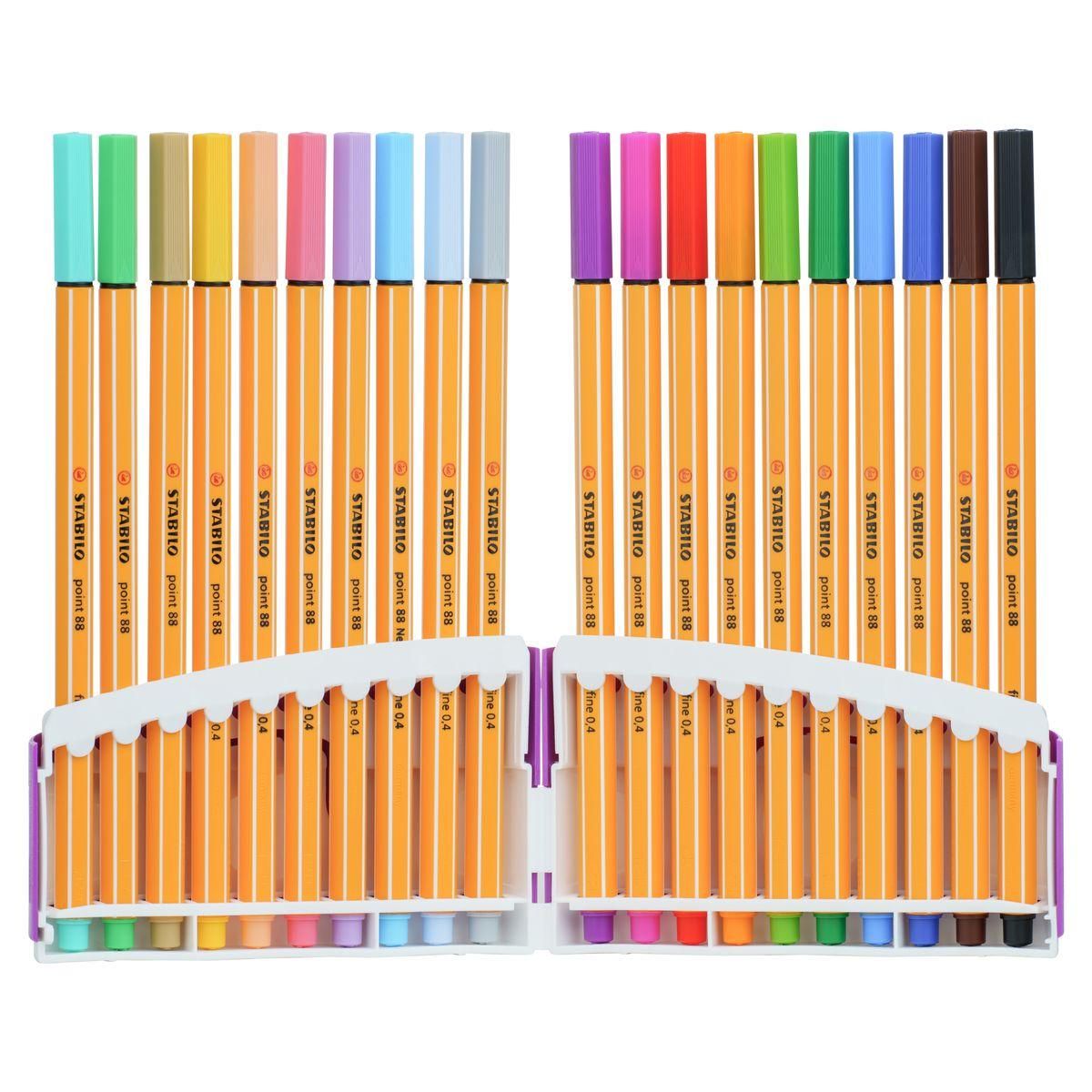 STABILO Lot de 20 stylos feutres pointe fine 0.4mm 10 éclatantes + 10 pastels Point 88 