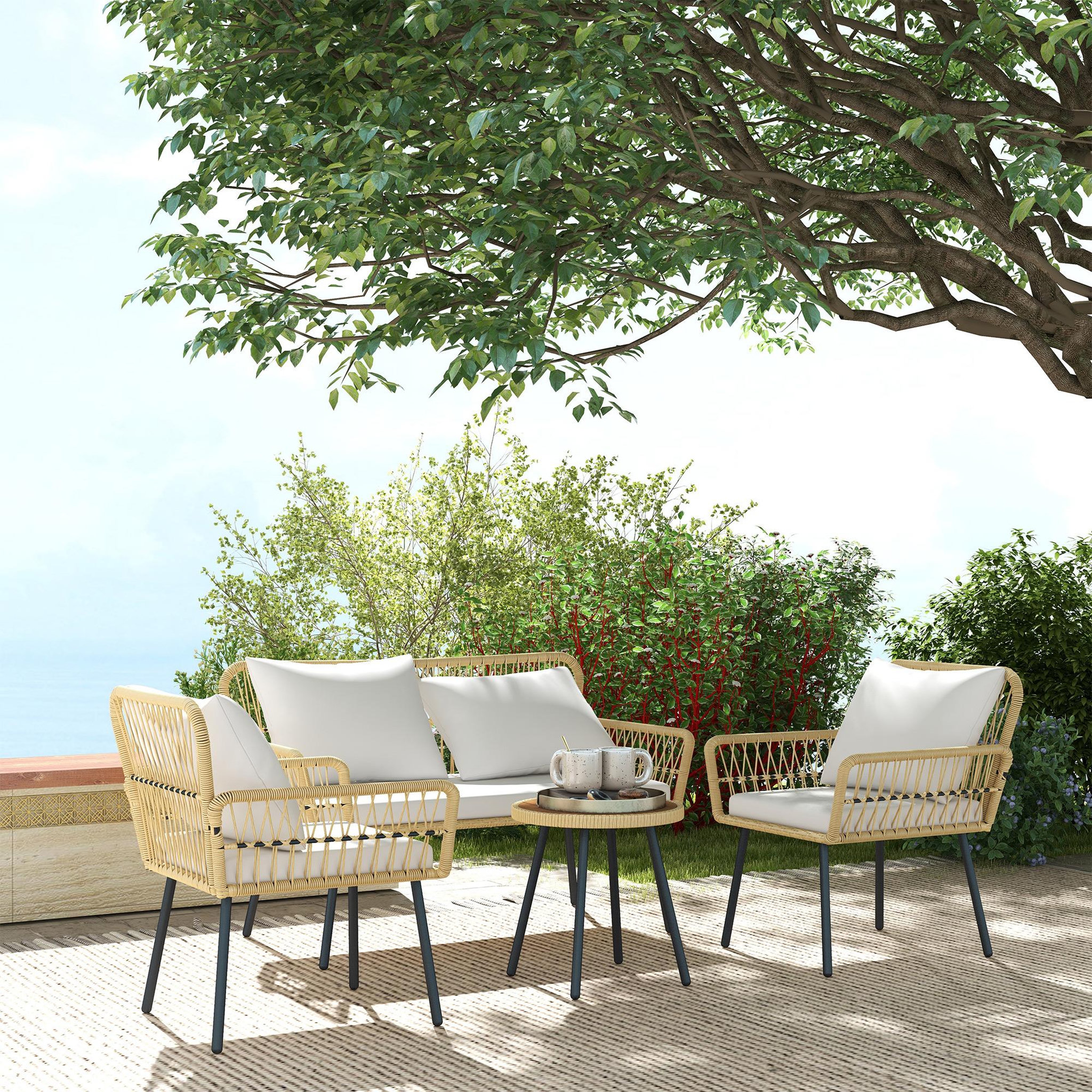 Voir la diapositive 2 : OUTSUNNY Ensemble salon de jardin 4 pièces canapé 2 places 2 fauteuils table basse coussins