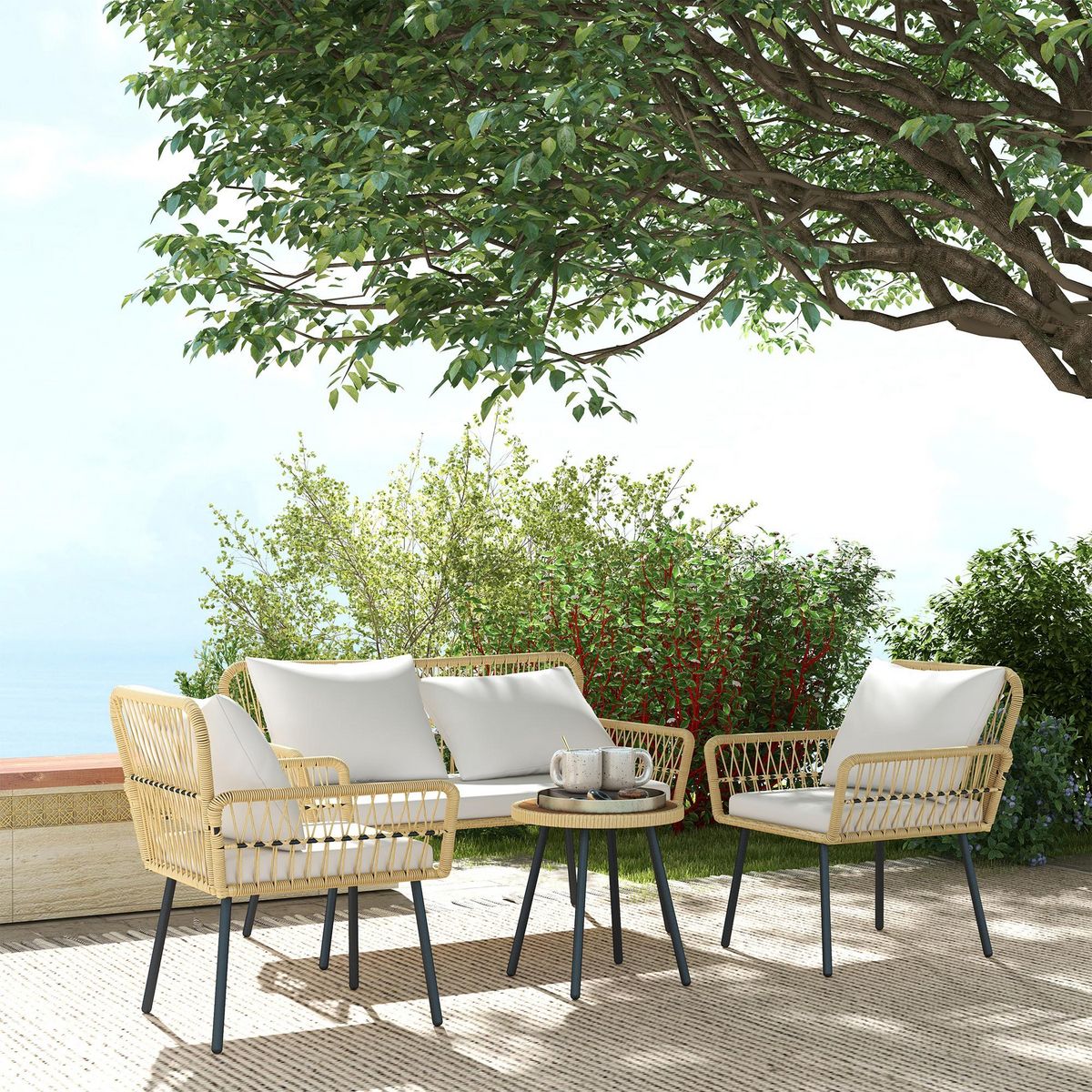 OUTSUNNY Ensemble salon de jardin 4 pièces canapé 2 places 2 fauteuils table basse coussins
