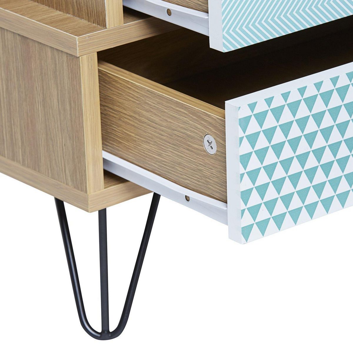 VS VENTA-STOCK Table Chevet Buda 4 Tiroirs, Couleur chêne, Jambes en métal en Noir