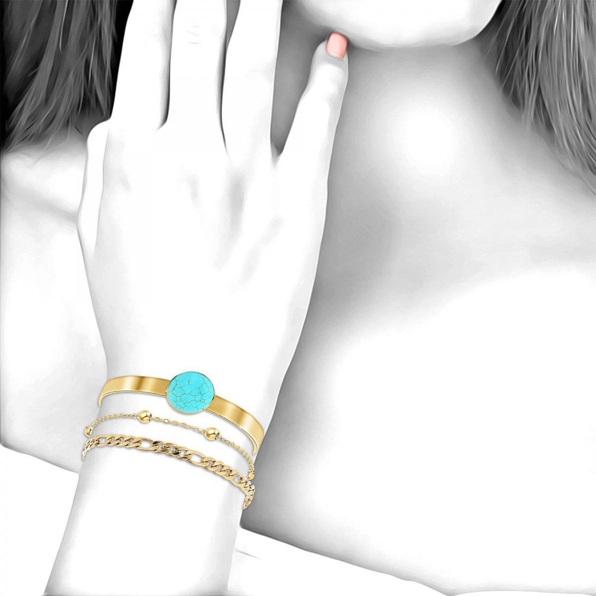 Voir la diapositive 3 : SC BOHEME Lot de 3 bracelets SC Bohème en Laiton Finement doré orné d'une pierre naturelle Turquoise