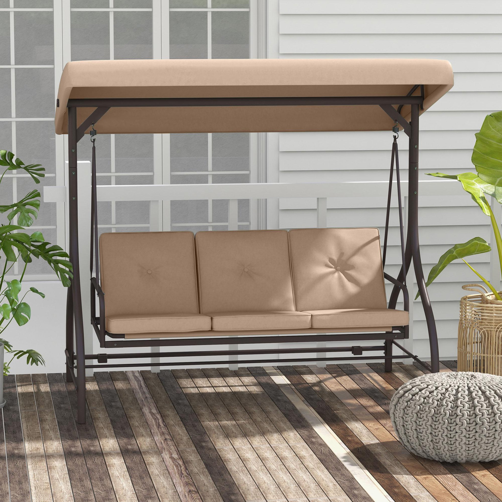 Voir la diapositive 2 : OUTSUNNY Balancelle de jardin convertible 3 places avec coussins métal polyester kaki