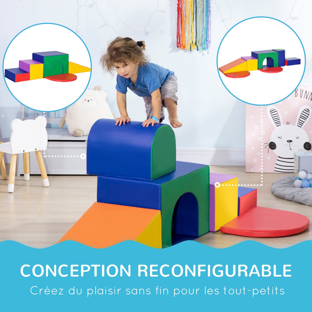 HOMCOM 7 blocs de construction en mousse XXL - modules de motricité - jouets éducatifs - certifiés normes EN71-1-2-3 - mousse EPE revêtement PU multicolore