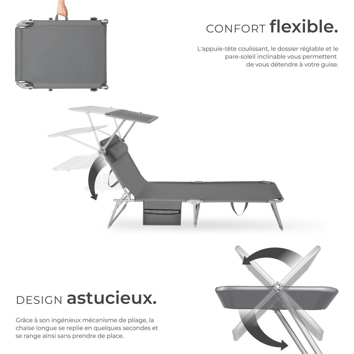 tectake Lot de 2 bains de soleil pliable gris