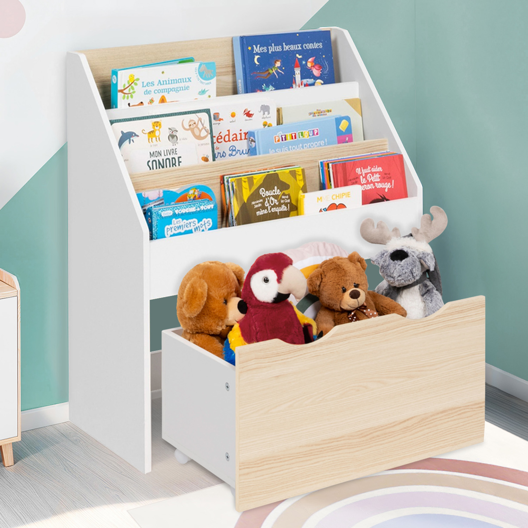 Voir la diapositive 2 : ID MARKET Meuble de rangement bibliothèque enfant mana 3 étagères et 1 bac sur roulettes blanc et hêtre
