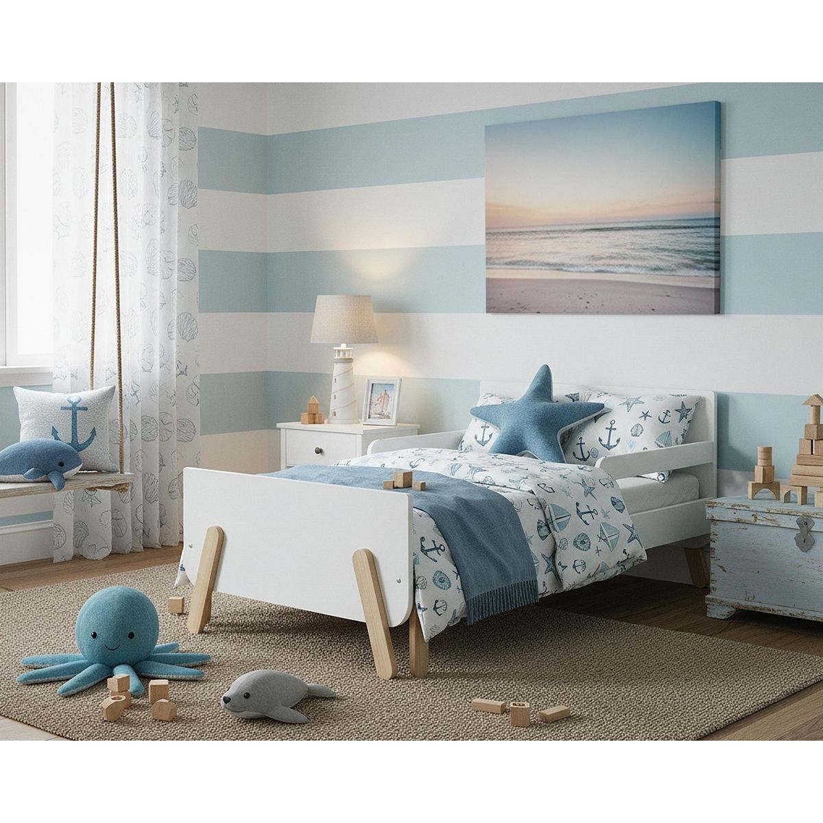 WEBABY Lit enfant extensible en bois 80x140-165-190 PIRATE - Blanc