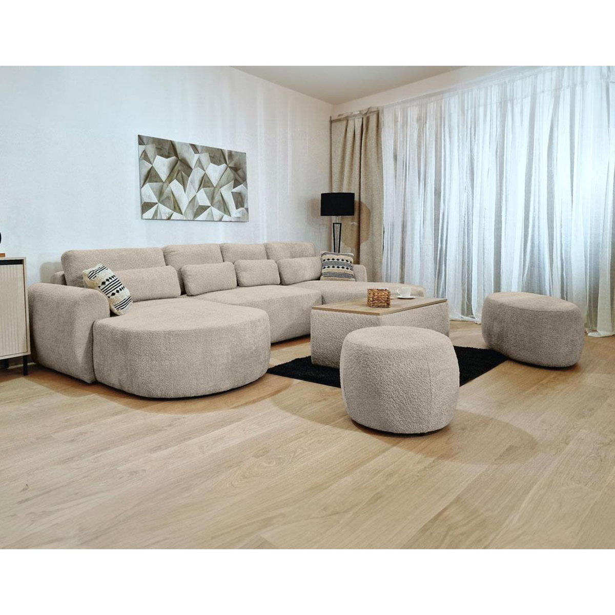 BEST MOBILIER Mahina - canapé panoramique en u 7 places - convertible avec coffre - en tissu bouclette