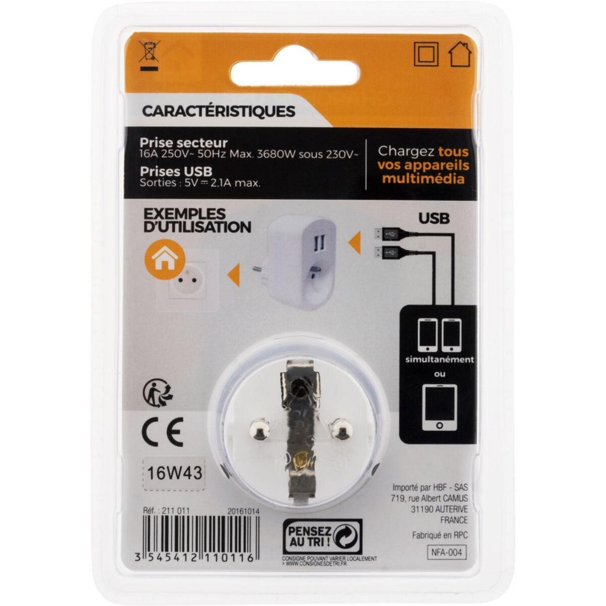 ZENITECH Chargeur 2P + T + 2 USB 2.1A BLANC