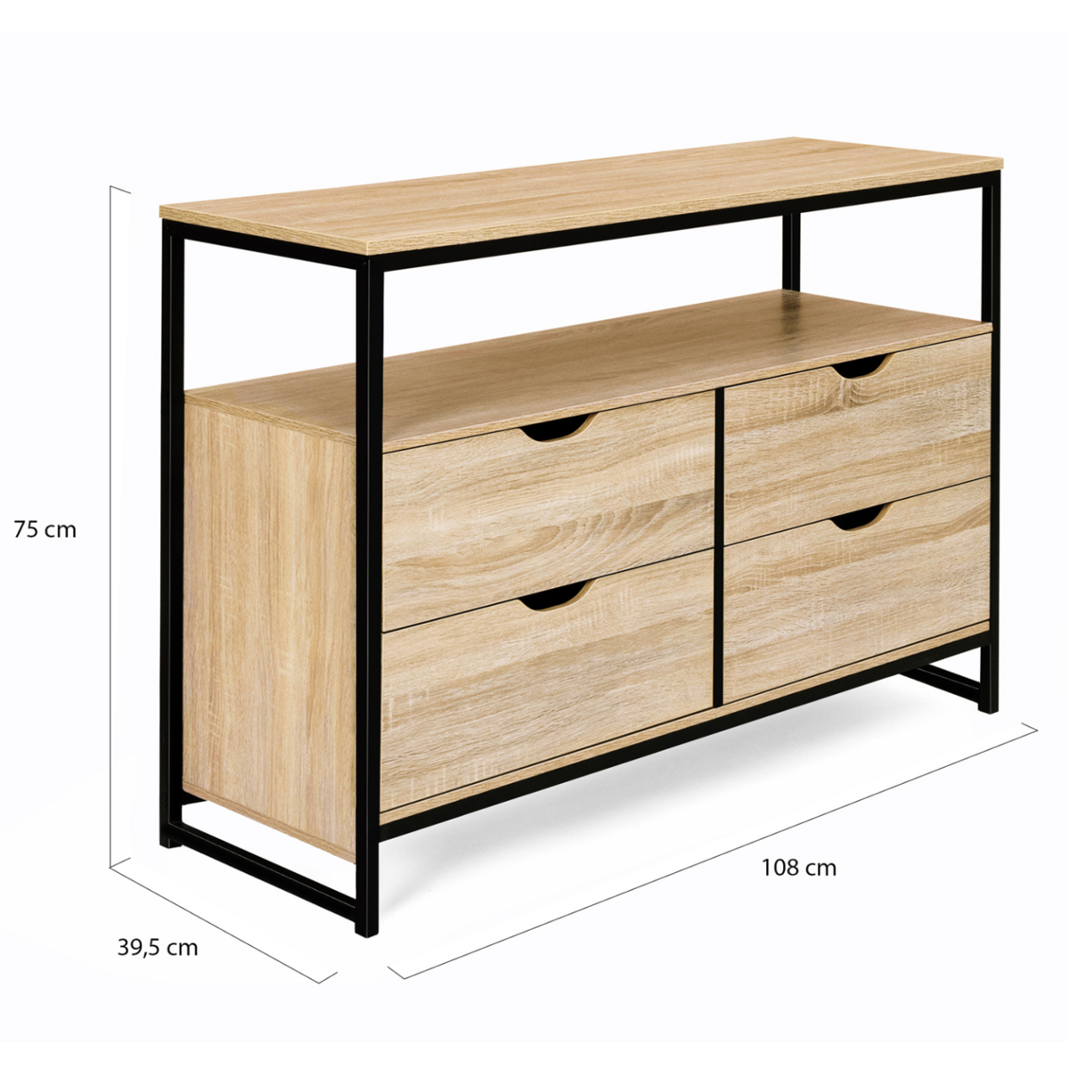 ID MARKET Commode 4 tiroirs DETROIT 110 cm design industriel avec étagère