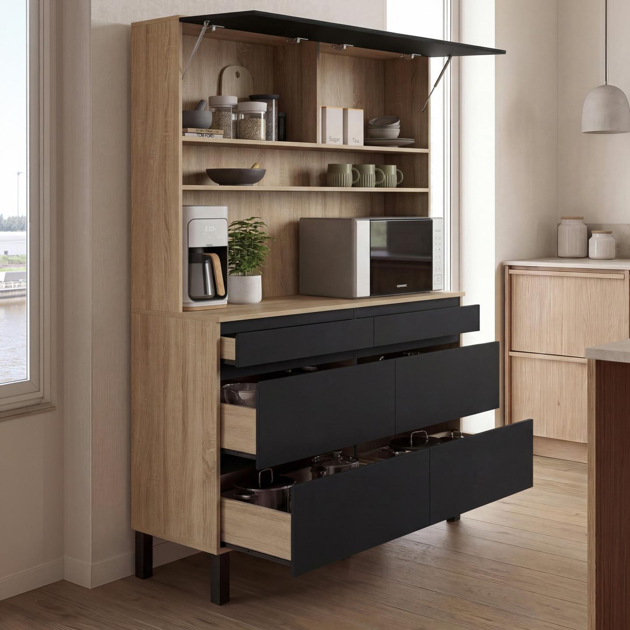 Voir la diapositive 2 : ID MARKET Buffet double casserolier de cuisine 120 cm claude 6 tiroirs + 1 placard bois et noir