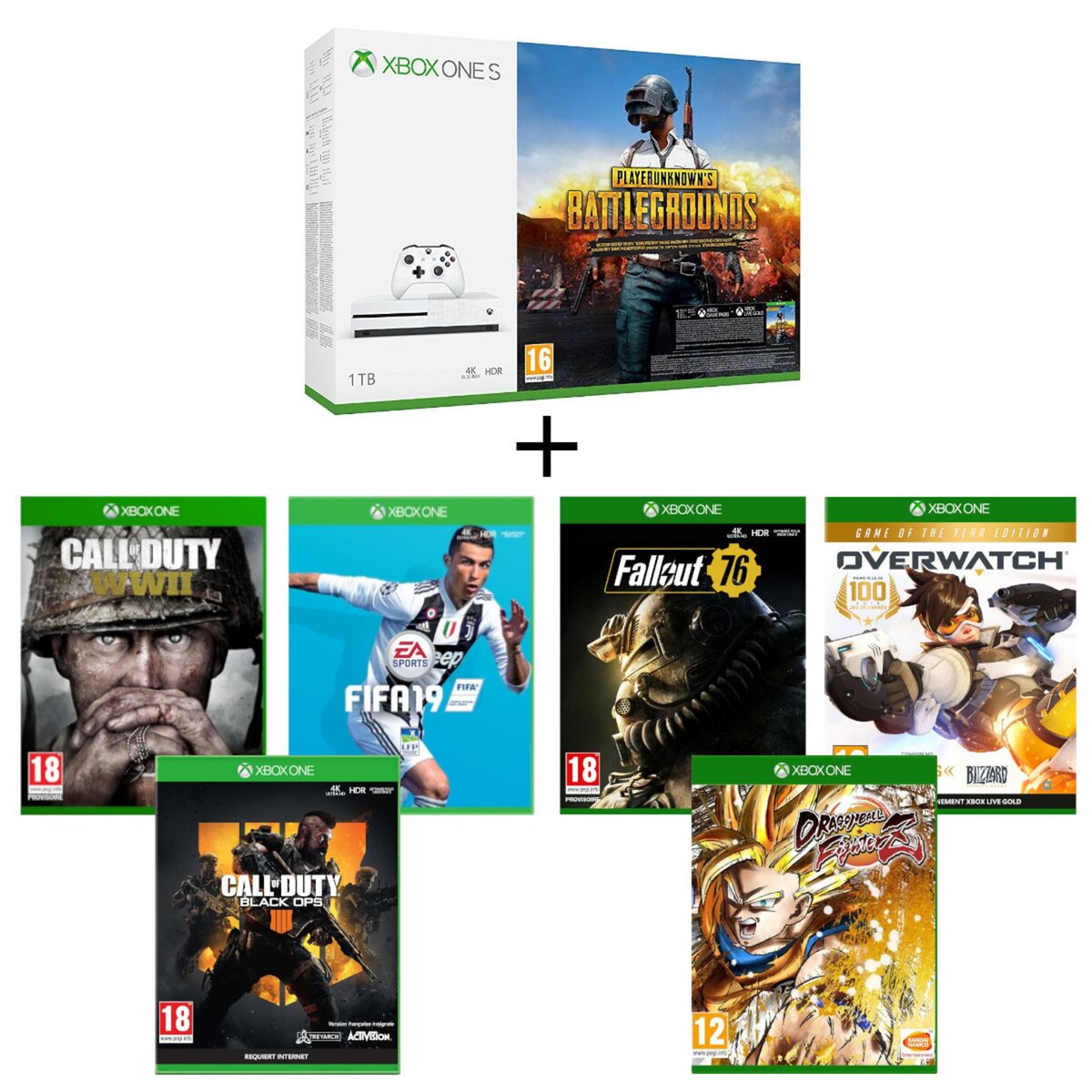 Console Xbox One S 1To PUBG + Dragon Ball FighterZ + Call of Duty WWII + Fifa 19 + Overwatch + Call of Duty Black Ops 4 + Fallout 76