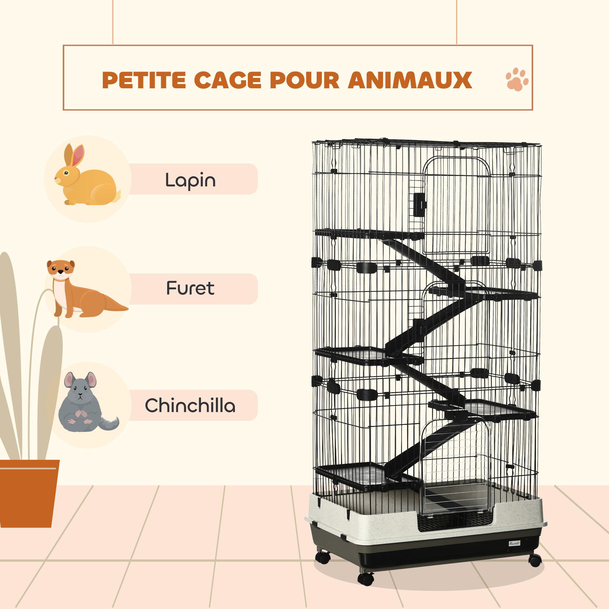 Voir la diapositive 6 : PAWHUT Cage pour cochons d'Inde chinchilla rongeur sur roulettes - 5 étages, 3 portes, plateau déjection - noir gris