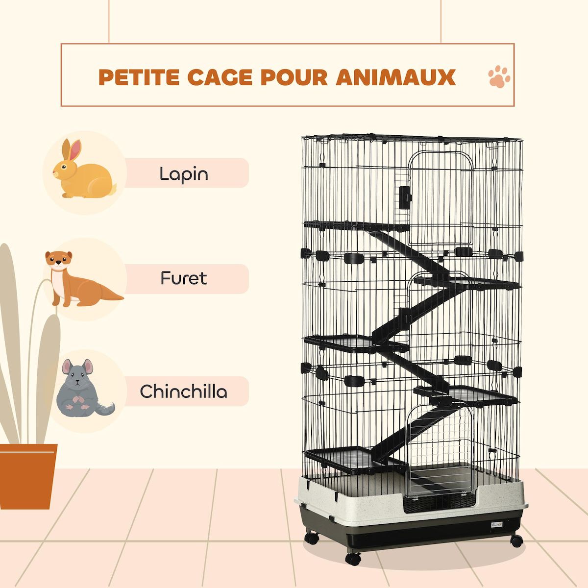 PAWHUT Cage pour cochons d'Inde chinchilla rongeur sur roulettes - 5 étages, 3 portes, plateau déjection - noir gris