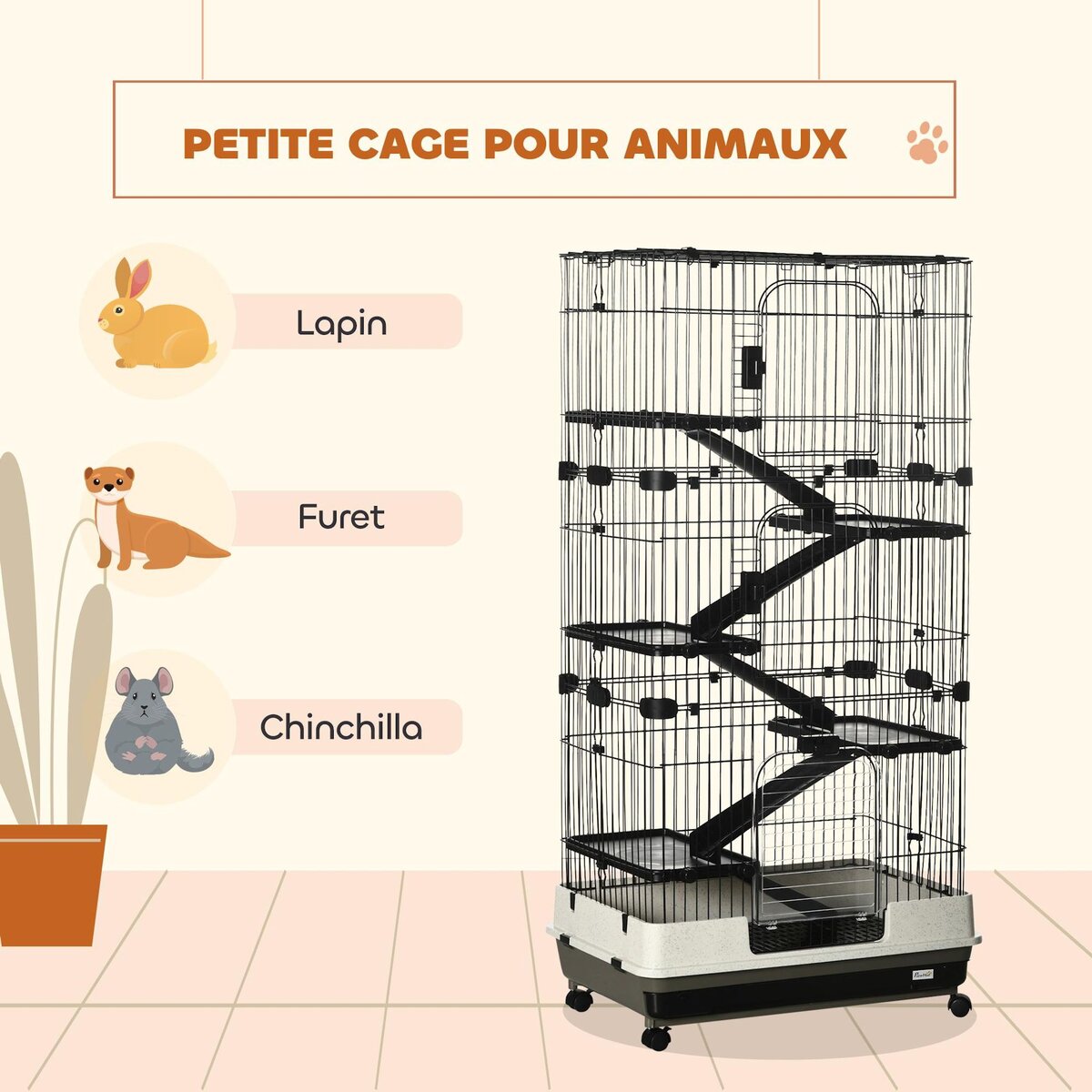 PAWHUT Cage pour cochons d'Inde chinchilla rongeur sur roulettes - 5 étages, 3 portes, plateau déjection - noir gris
