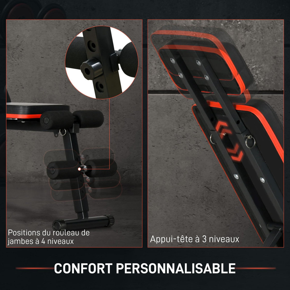 HOMCOM Banc de musculation pliable inclinable abdominaux - 4 coussins presse-jambes - acier PU rouge noir