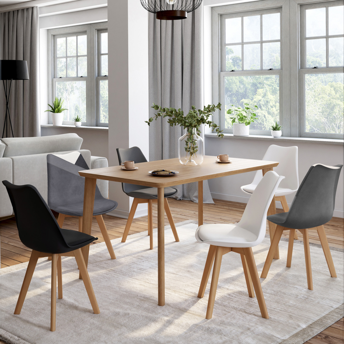 ID MARKET Lot de 6 chaises scandinaves SARA gris foncé, blanc, noir et velours patchworks noir, gris et blanc