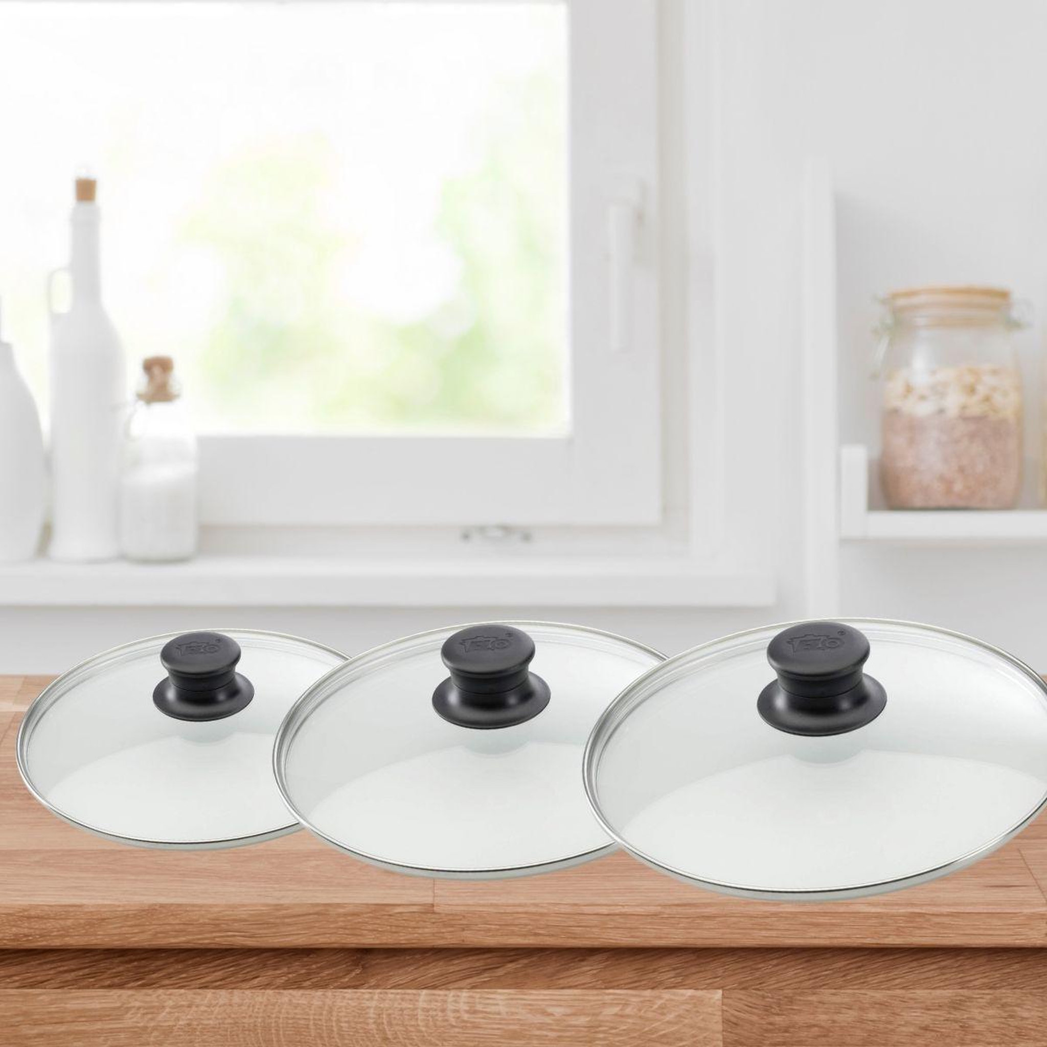 Voir la diapositive 2 : ELO Set de 3 couvercles de cuisson en verre 24 cm 28 cm et 32 cm Elo