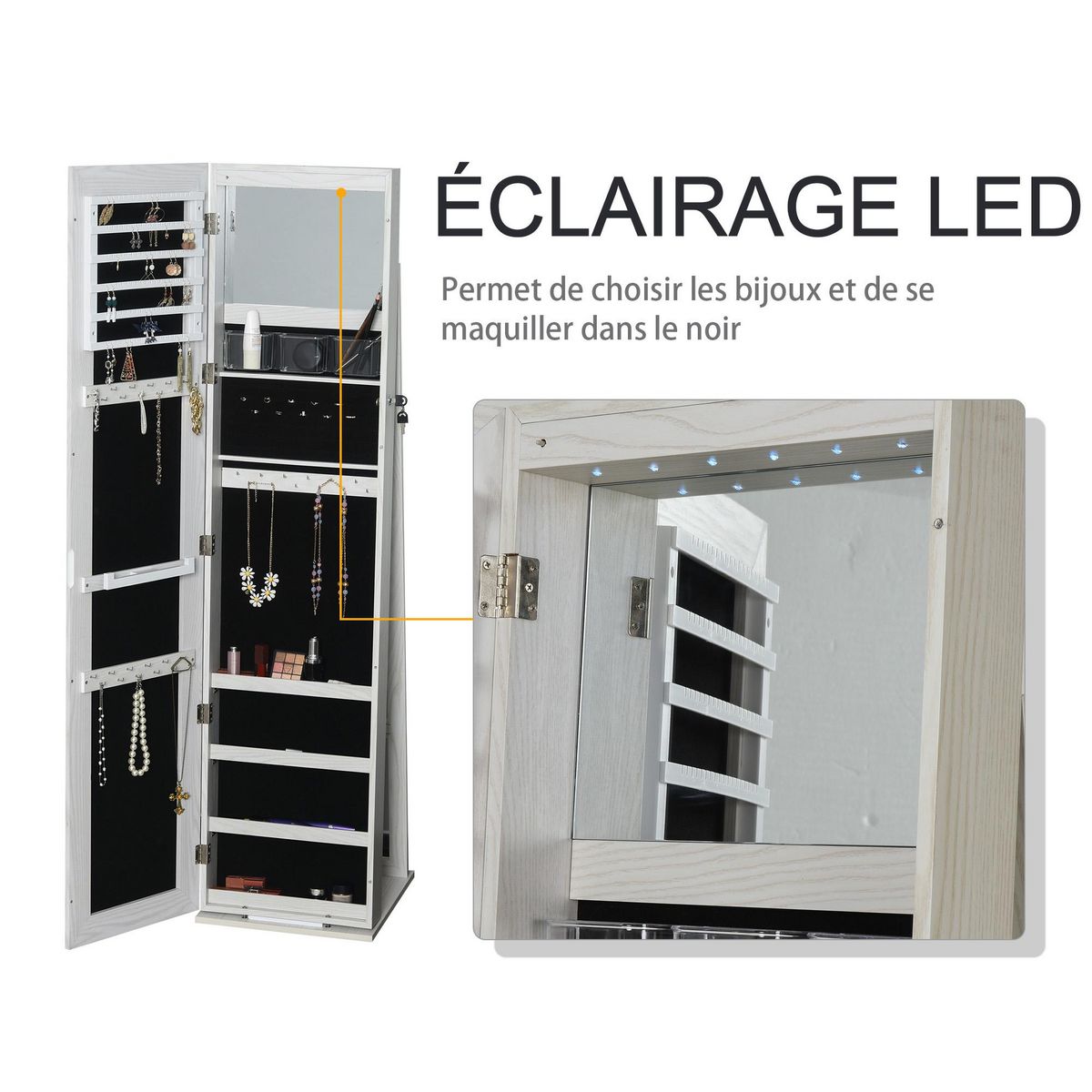 HOMCOM HOMCOM Armoire à bijoux avec miroir sur pied multi-rangements éclairage LED blanc dim. 38L x 38l x H157 cm
