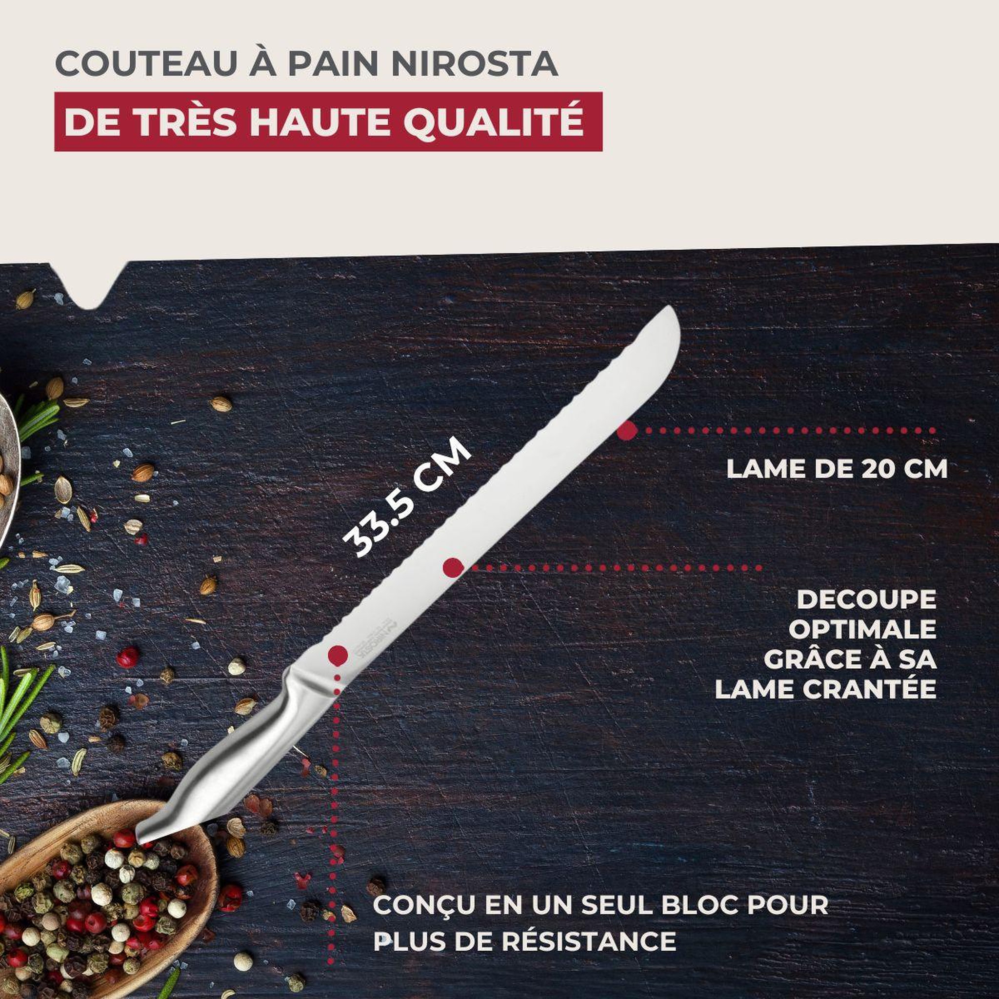 Voir la diapositive 3 : NIROSTA Couteau à pain inox professionnel set de 2, 33,5 x 3 x 2 cm acier inoxydable nirosta star