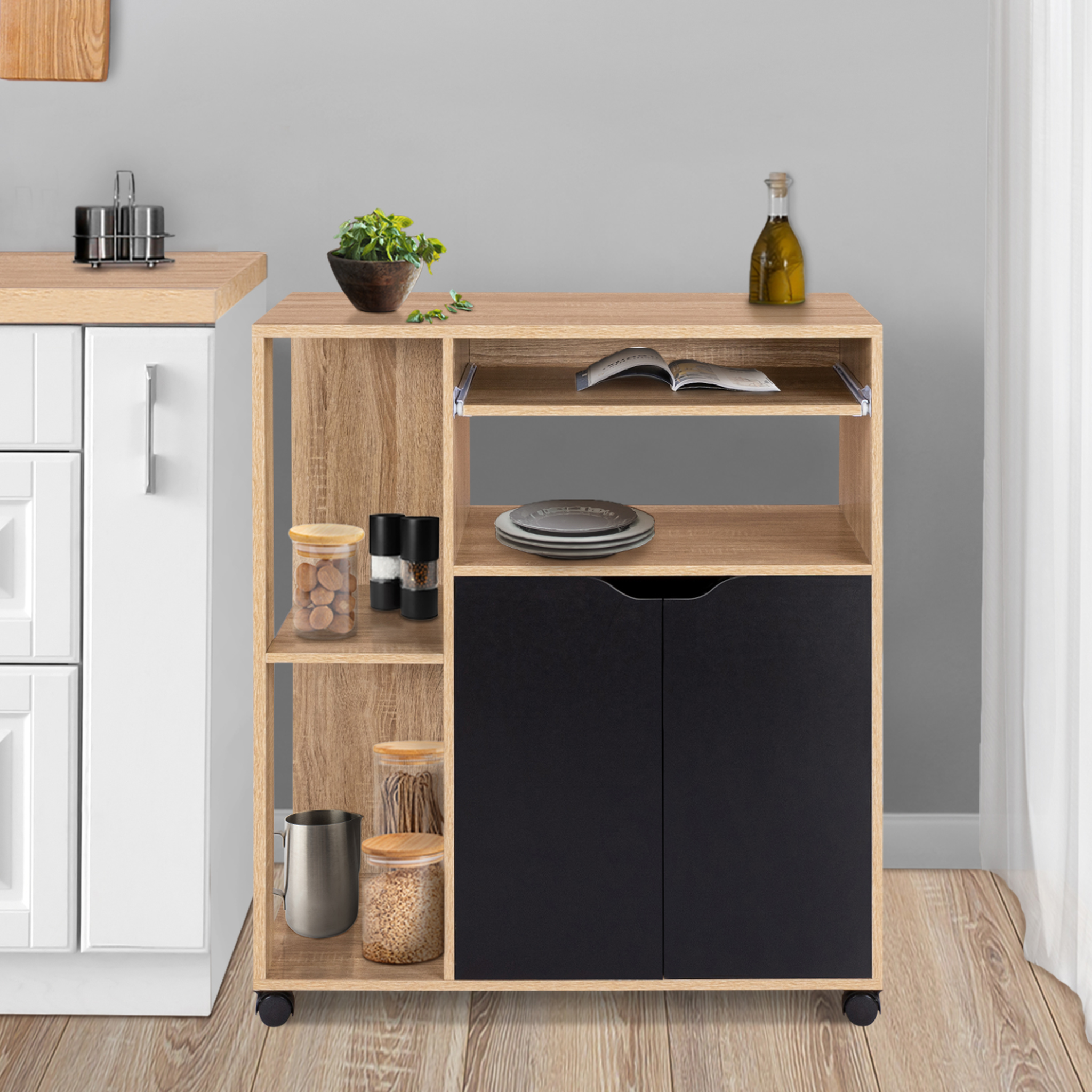 Voir la diapositive 2 : ID MARKET Desserte de cuisine cosi bois façon hêtre et portes noires l.76 cm