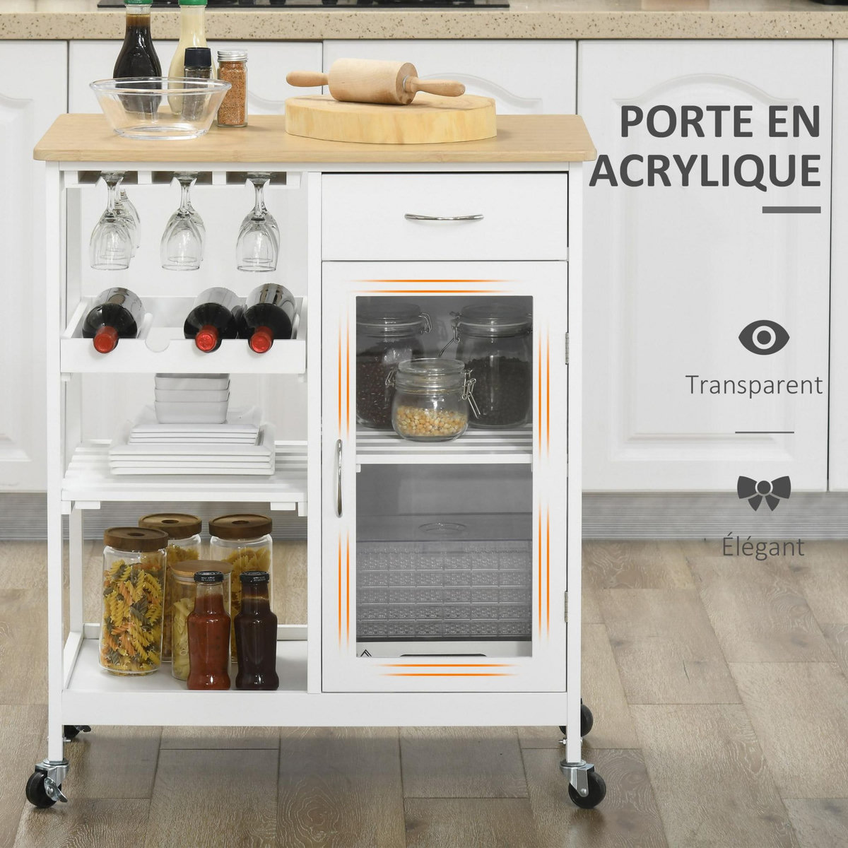 HOMCOM Desserte de cuisine multi-rangement - porte acrylique poignées métal MDF blanc aspect bambou