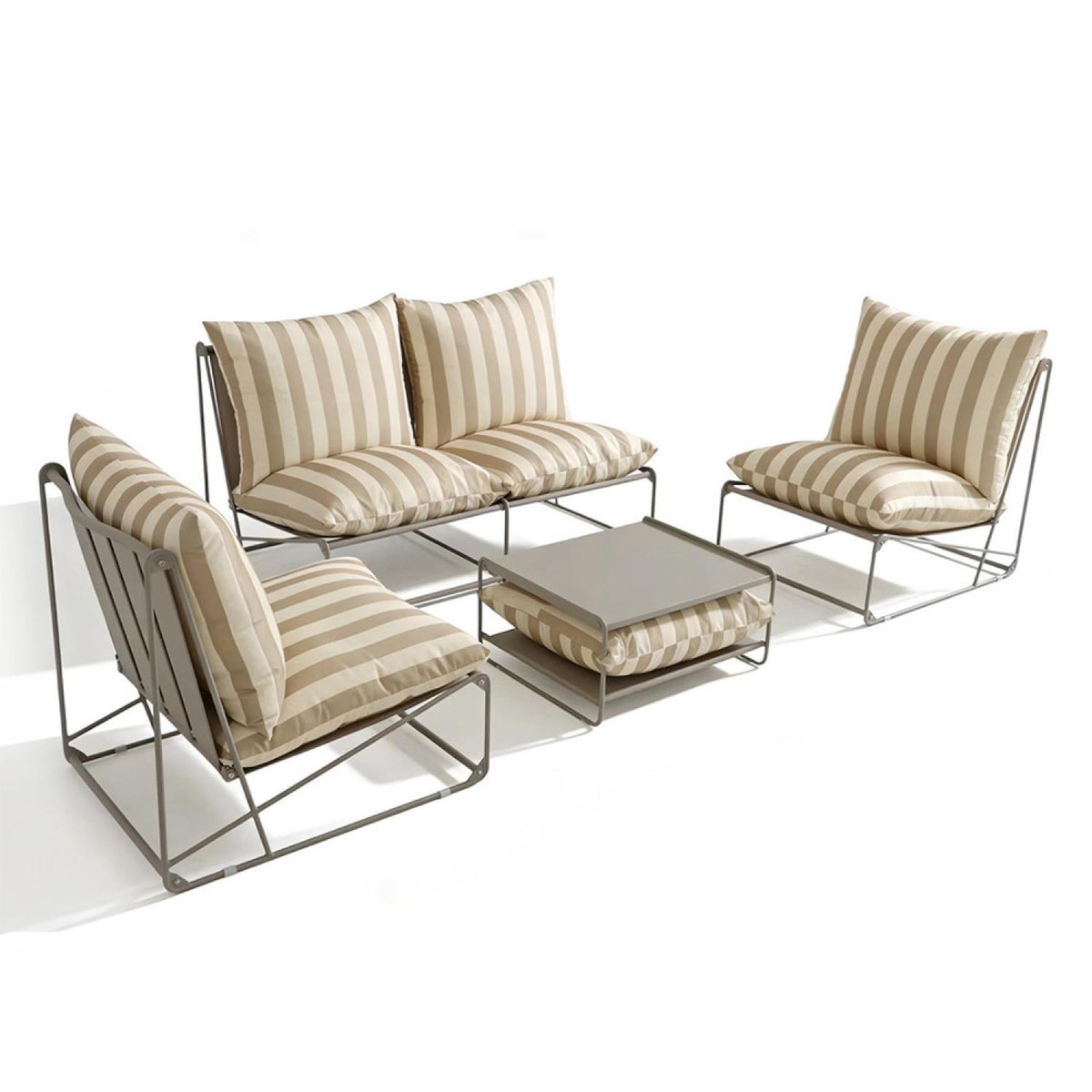 CONCEPT USINE Salon de jardin 4 places à rayures taupe et beige avec table basse ANDRIA