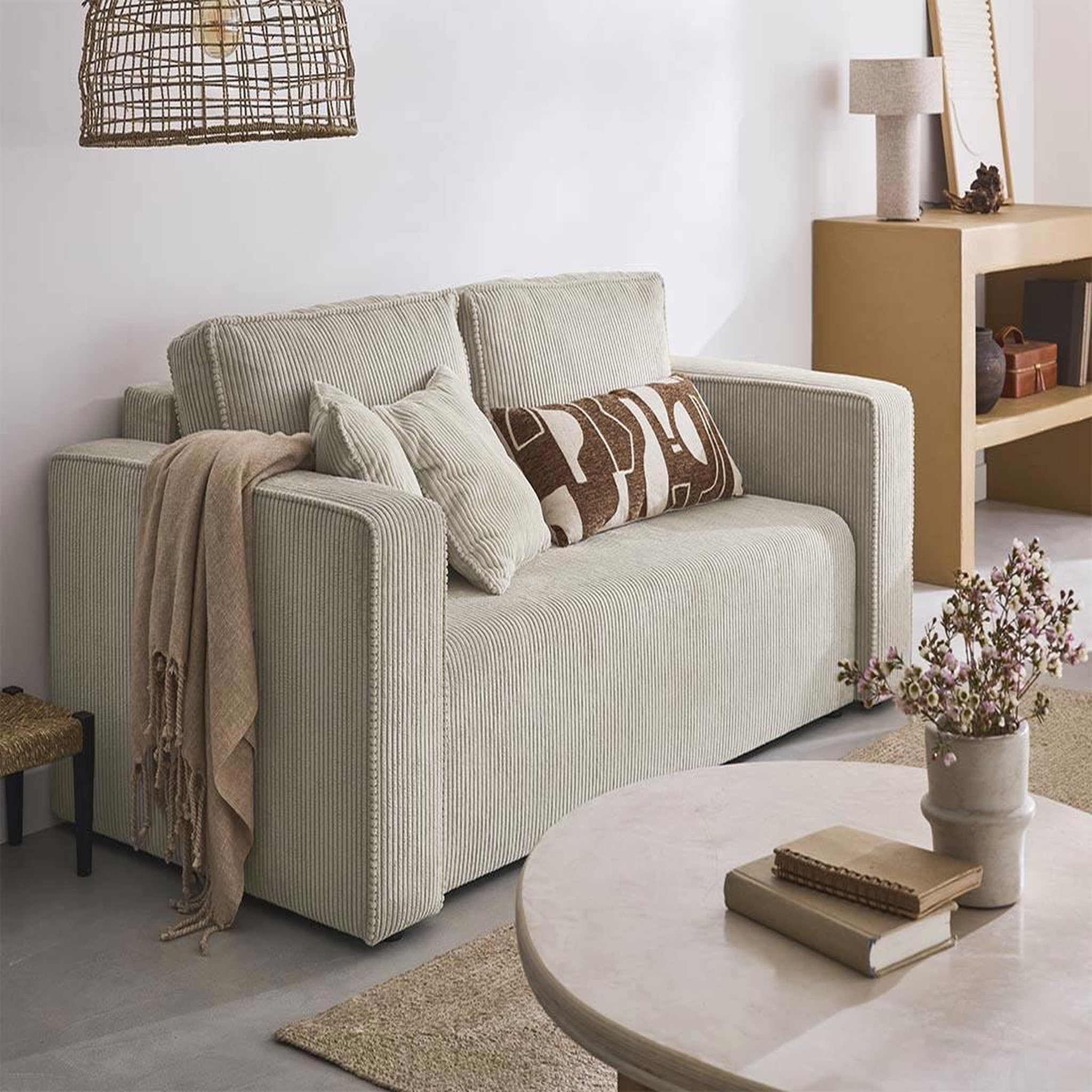 BEST MOBILIER Topaze - canapé droit 2 places - en velours côtelé. Coloris disponibles : Bleu, Orange, Beige, Vert, Gris