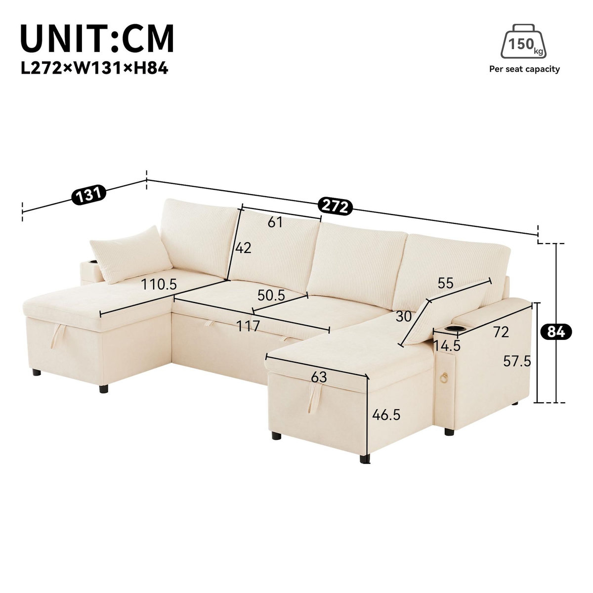 MERAX Canapé d'angle panoramique convertible 4 places tissu coffre de rangement