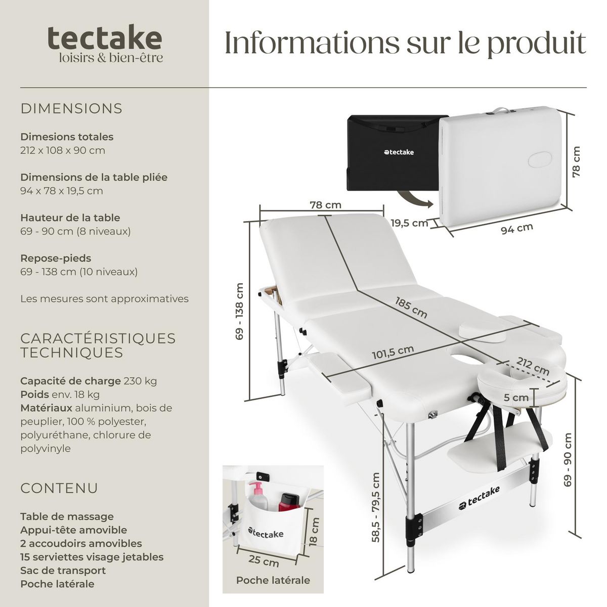 tectake Table 3 zones de massage largeur 78 cm et rembourrage 5 cm blanc
