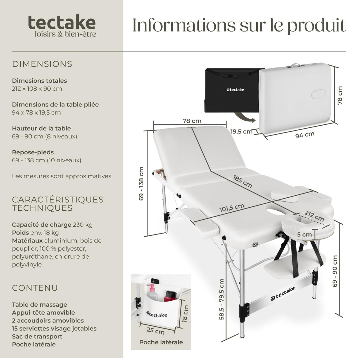 tectake Table 3 zones de massage largeur 78 cm et rembourrage 5 cm blanc