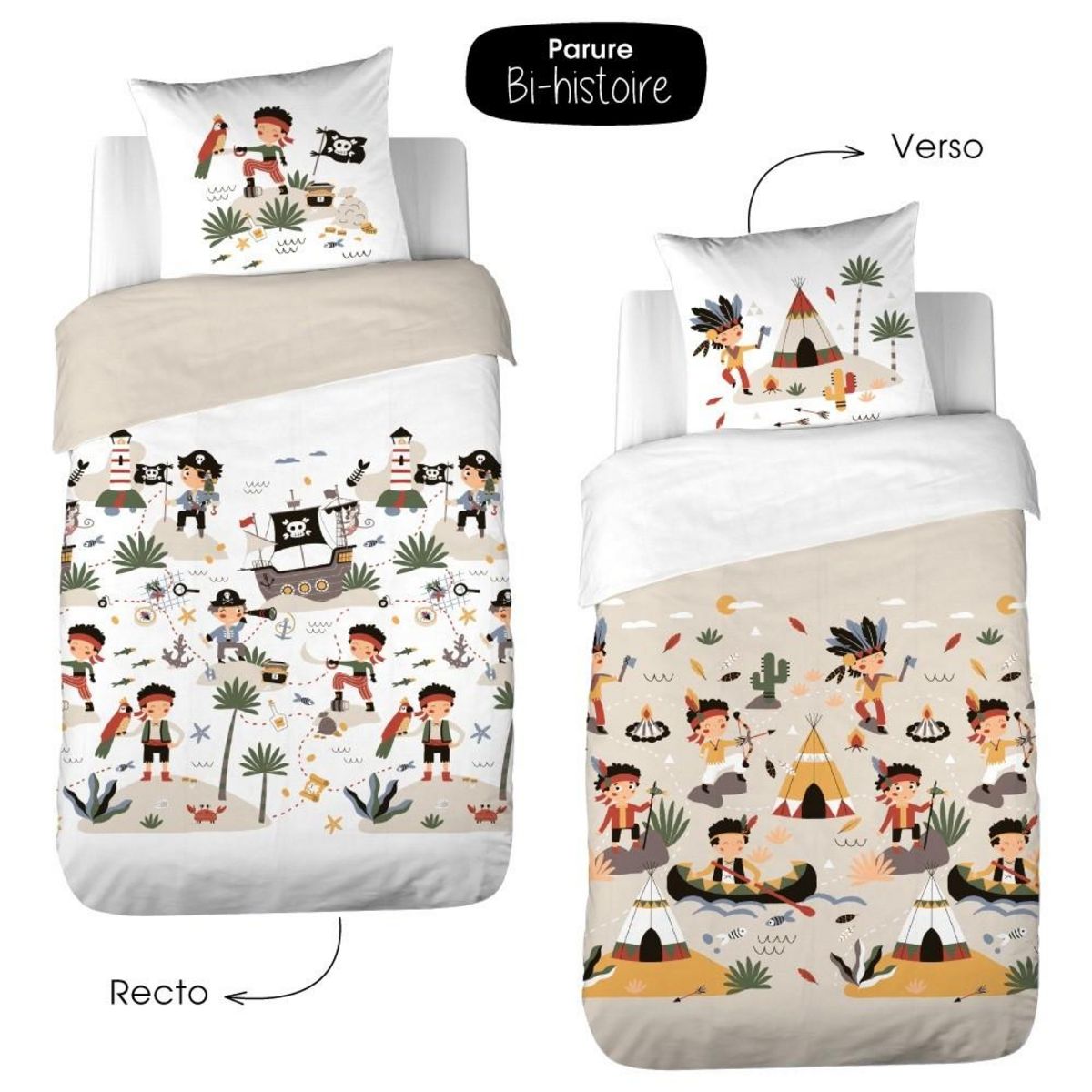 COTE DECO Housse de couette 140x200 + 1 taie PIRATE réversible INDIEN