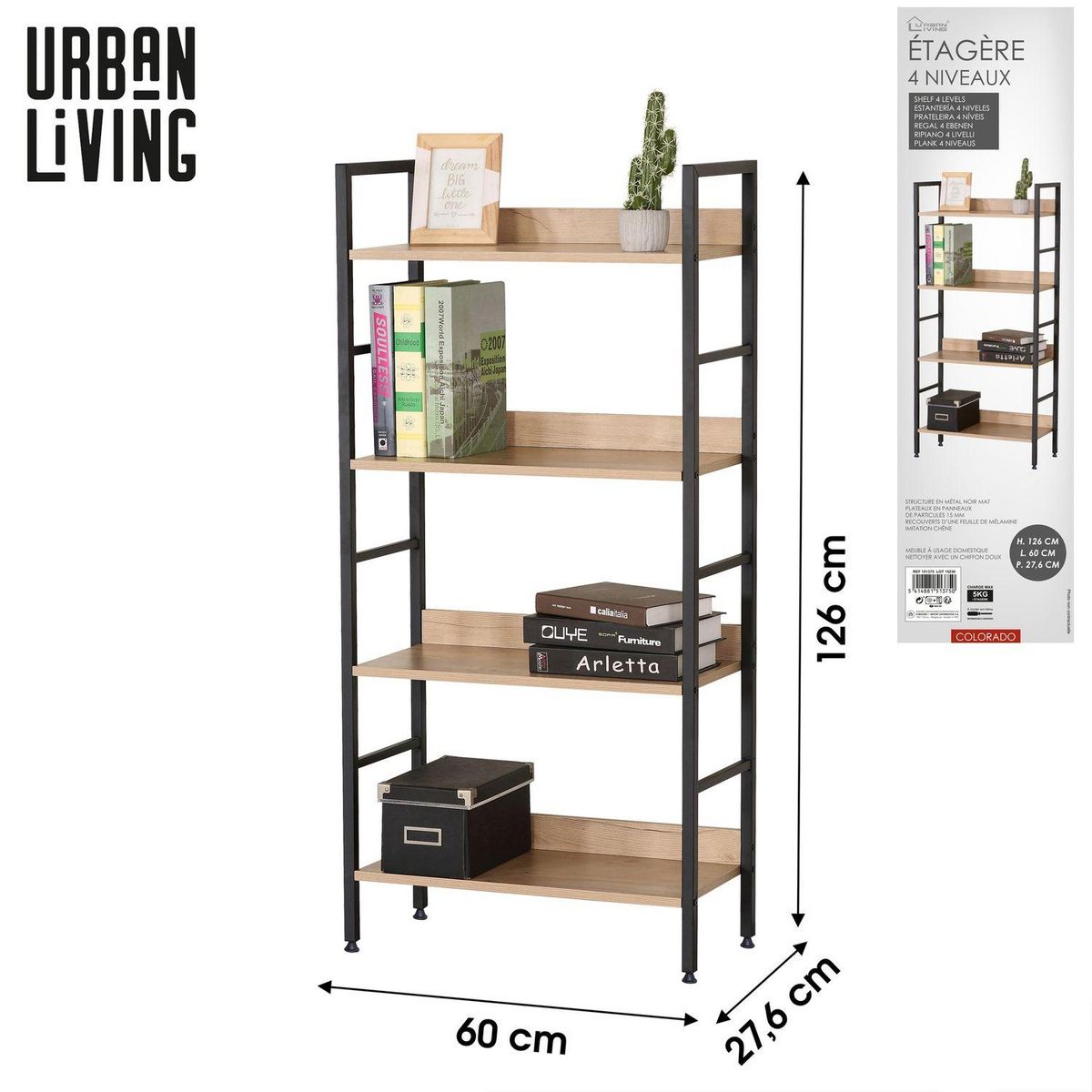 TOILINUX Etagère droite 4 niveaux Colorado H.126 en Métal et MDF - Beige et Noir