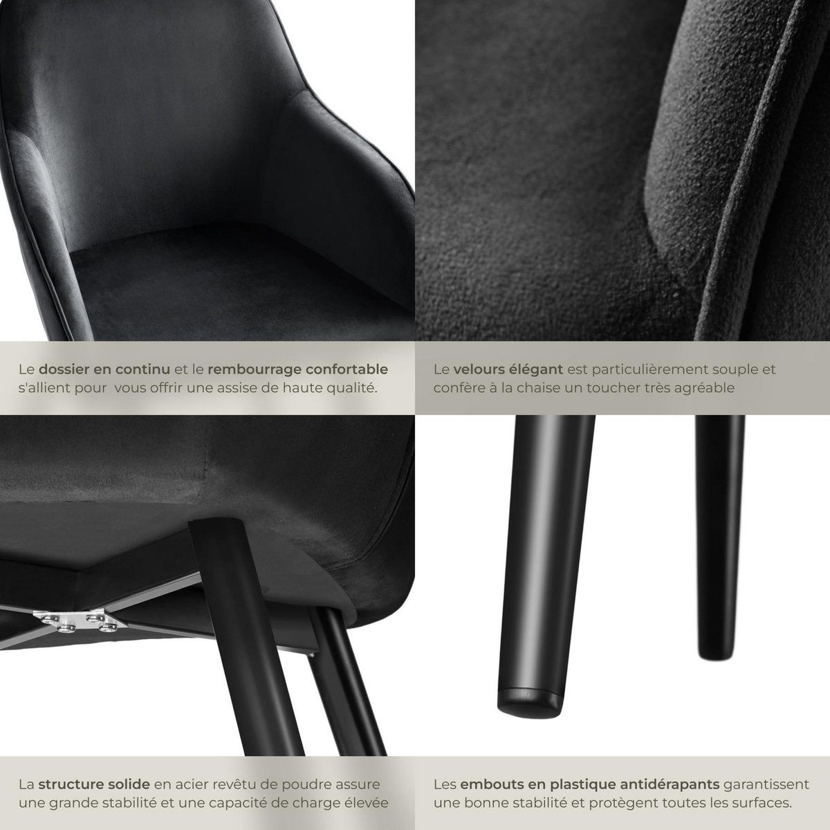 tectake Chaise style scandinave rembourrée aspect velours noir