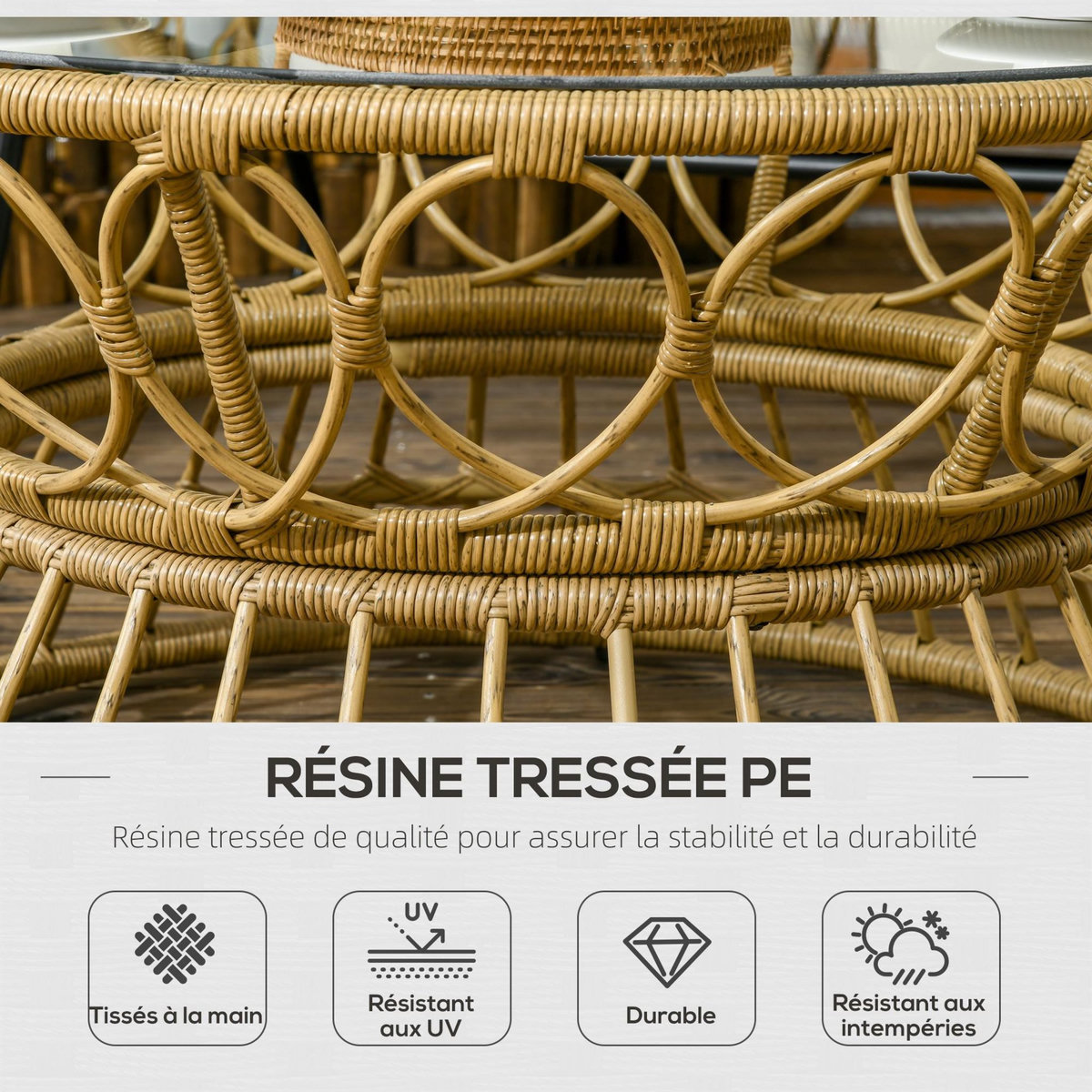 OUTSUNNY Salon de jardin 4 places 4 pièces 7 coussins inclus acier époxy résine tressée beige