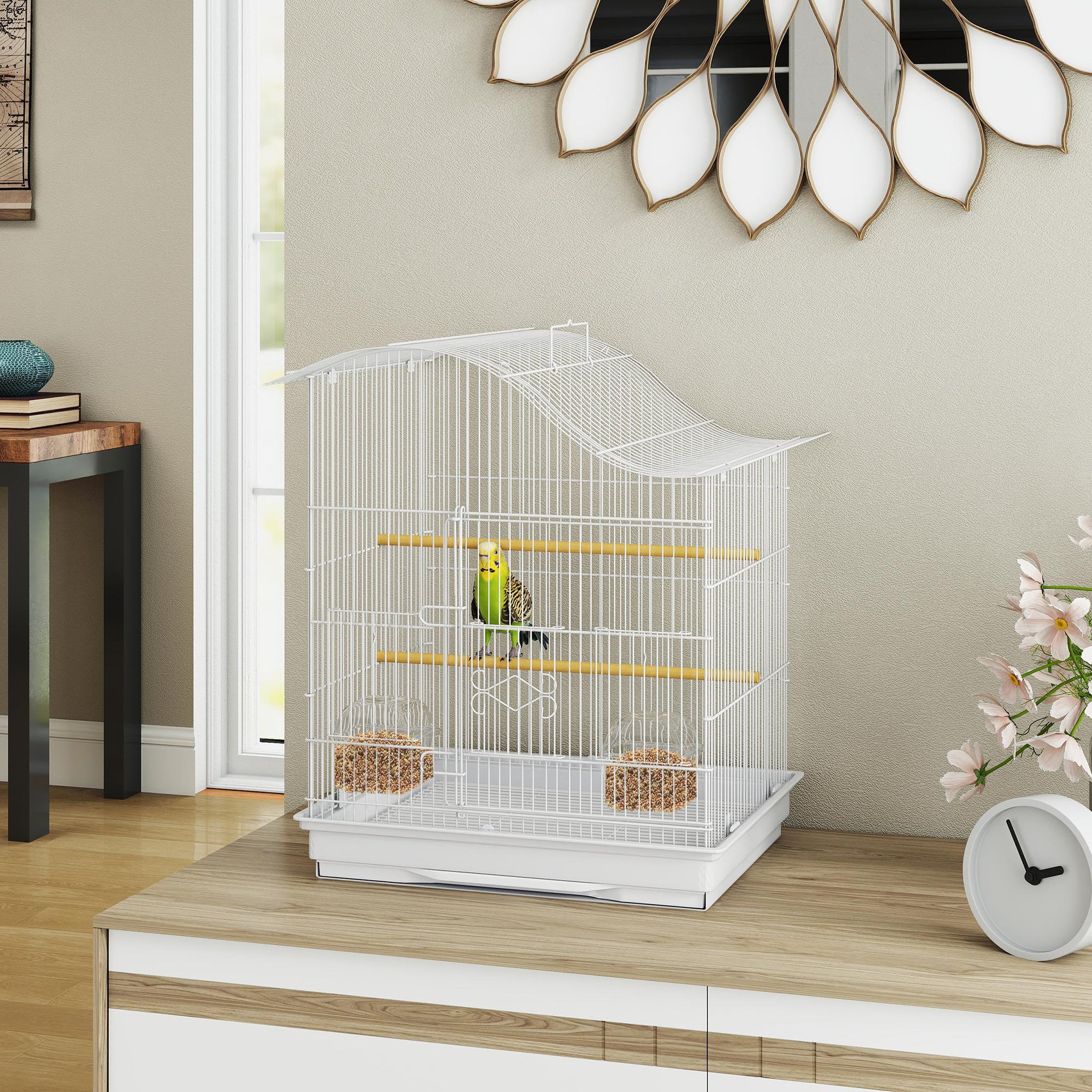 Voir la diapositive 2 : PAWHUT Cage à oiseau 4 portes 2 perchoirs 2 mangeoires plateau coulissant poignée blanc