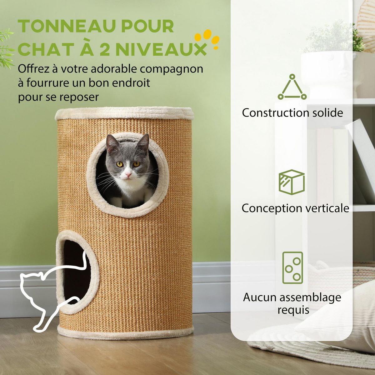 PAWHUT Arbre à chat cylindrique - tour à griffer pour chat - tonneau griffoir - 2 niches + plateforme - sisal peluche beige