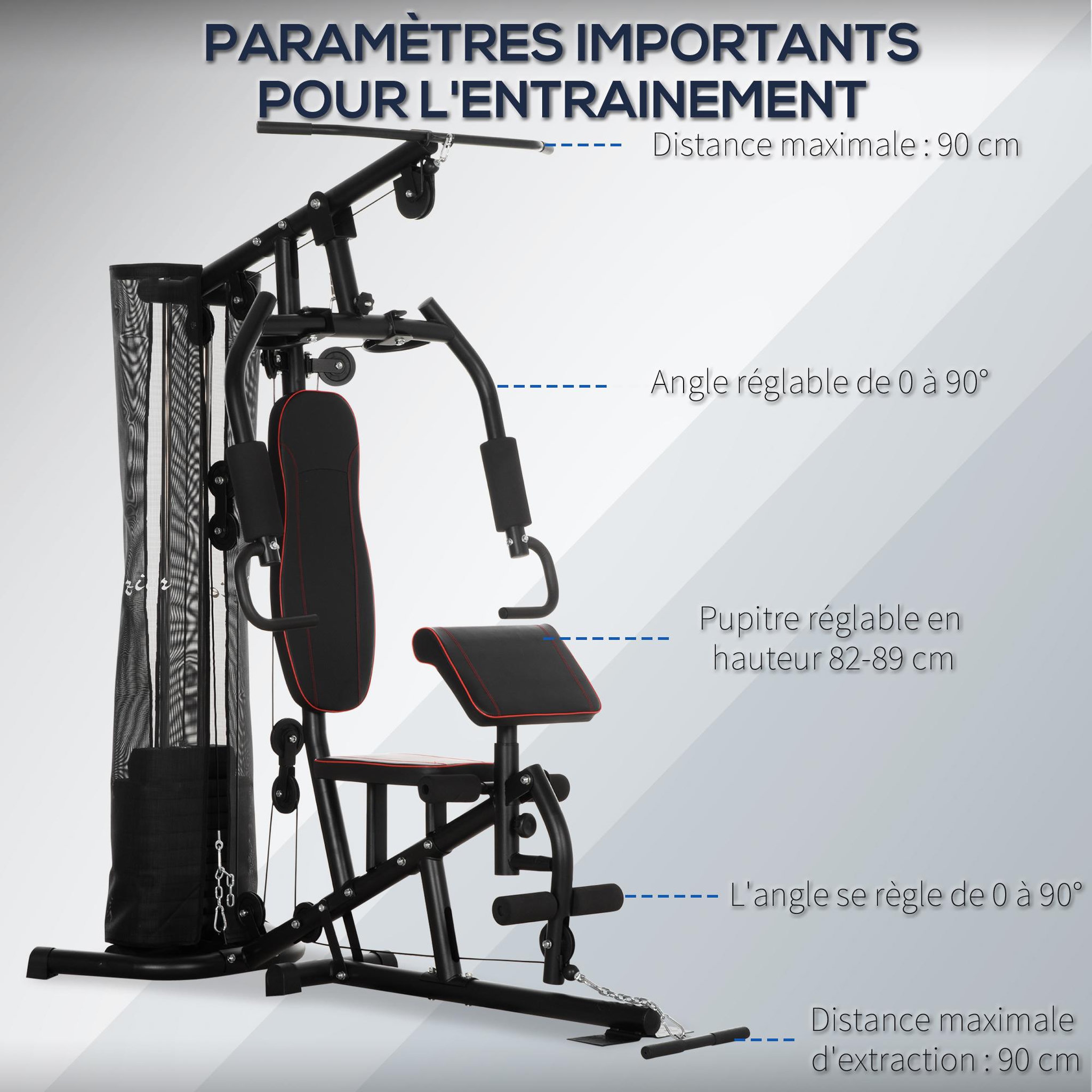Voir la diapositive 6 : HOMCOM Station de musculation - entrainement complet - développé couché, butterfly, barre latissimus, curler, bande résistance, 10 contrepoids - acier noir rouge