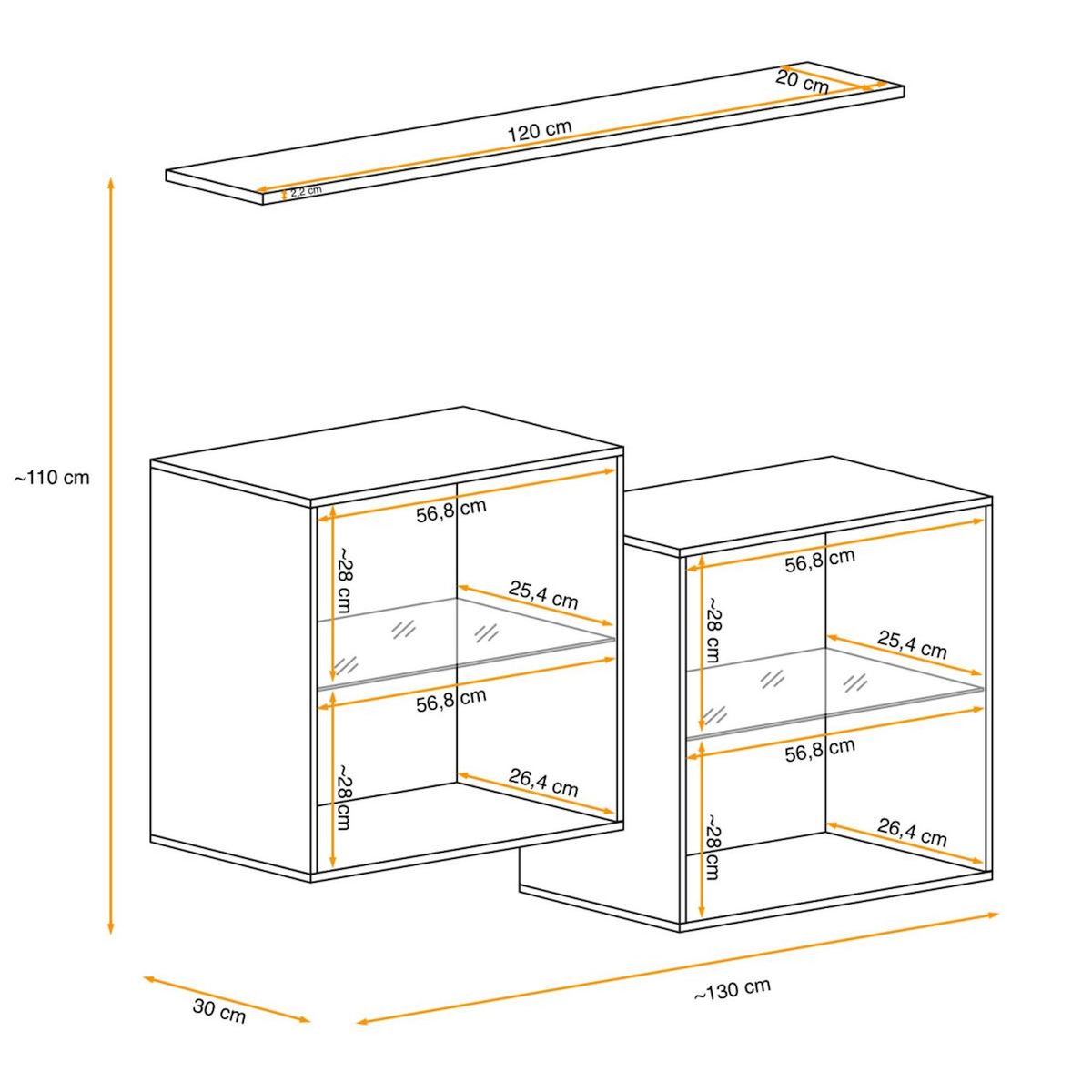 Paris Prix Lot de 2 Vitrines Murales & Étagère  Switch SBIII  130cm Naturel & Gris