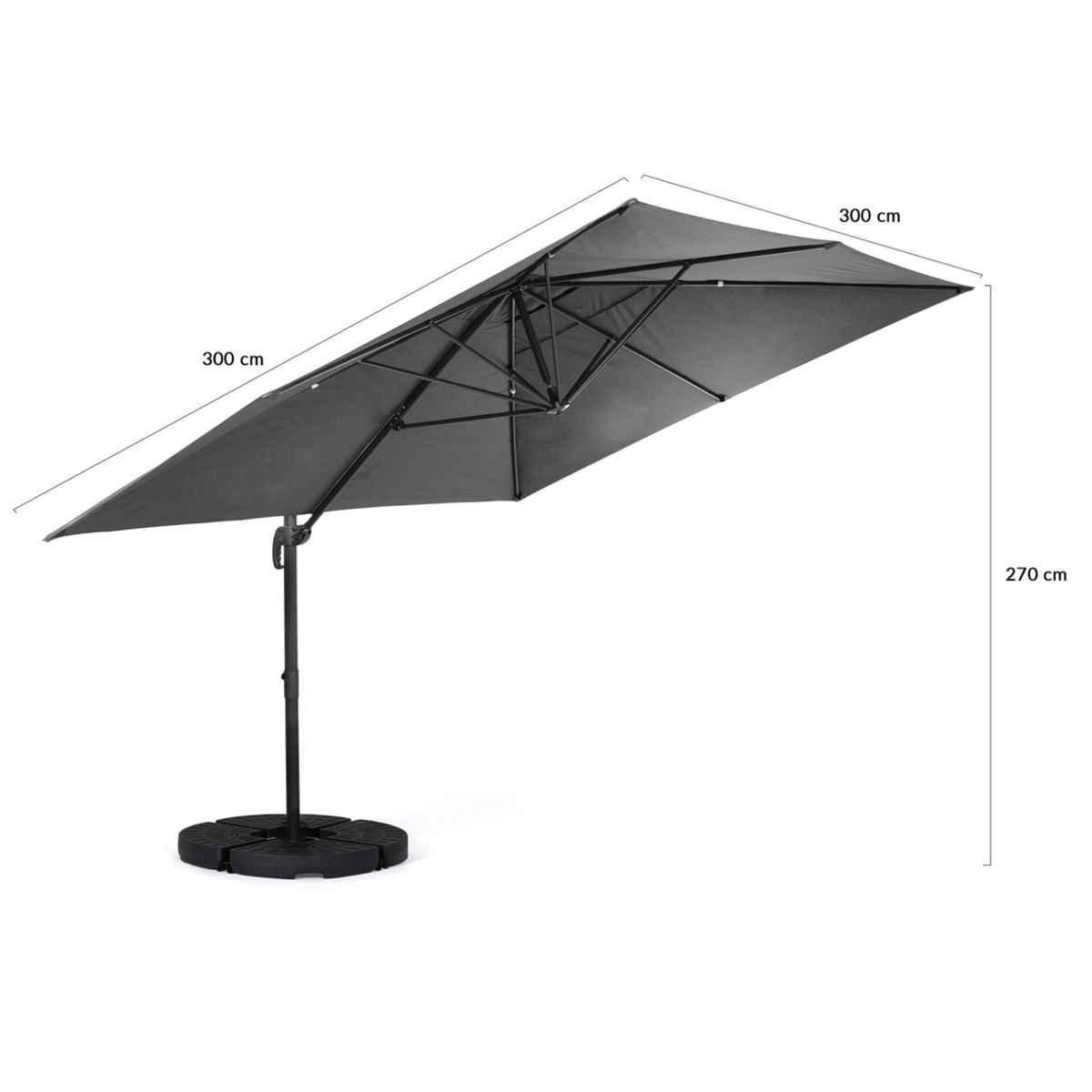ID MARKET Parasol déporté inclinable rotatif 360 CALVI gris 3x3 M avec 4 dalles et housse