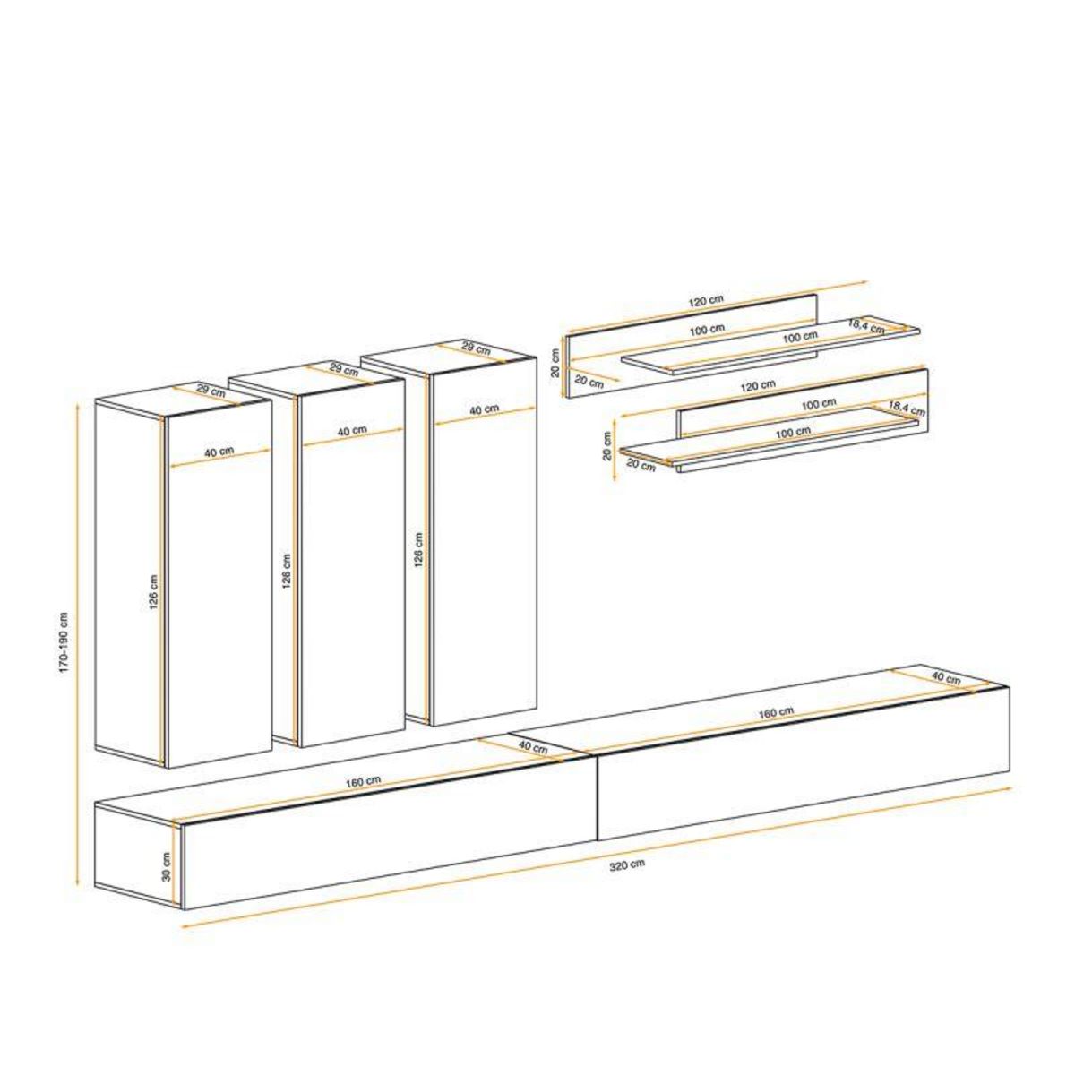 Paris Prix Meuble TV Mural Design  Fly I  320cm Noir & Blanc