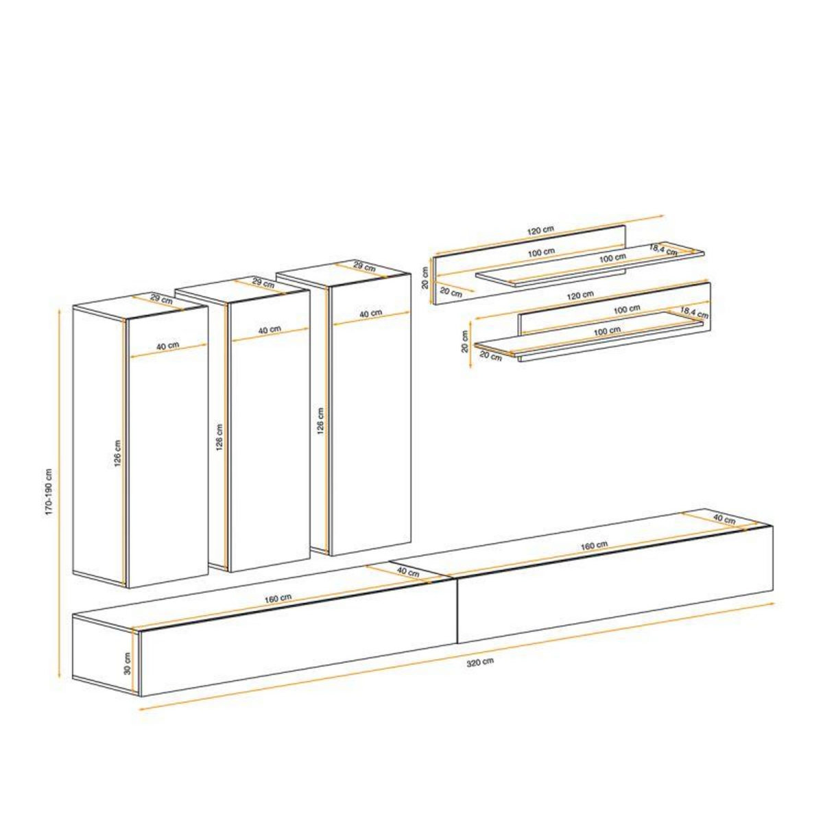 Paris Prix Meuble TV Mural Design  Fly I  320cm Noir & Blanc