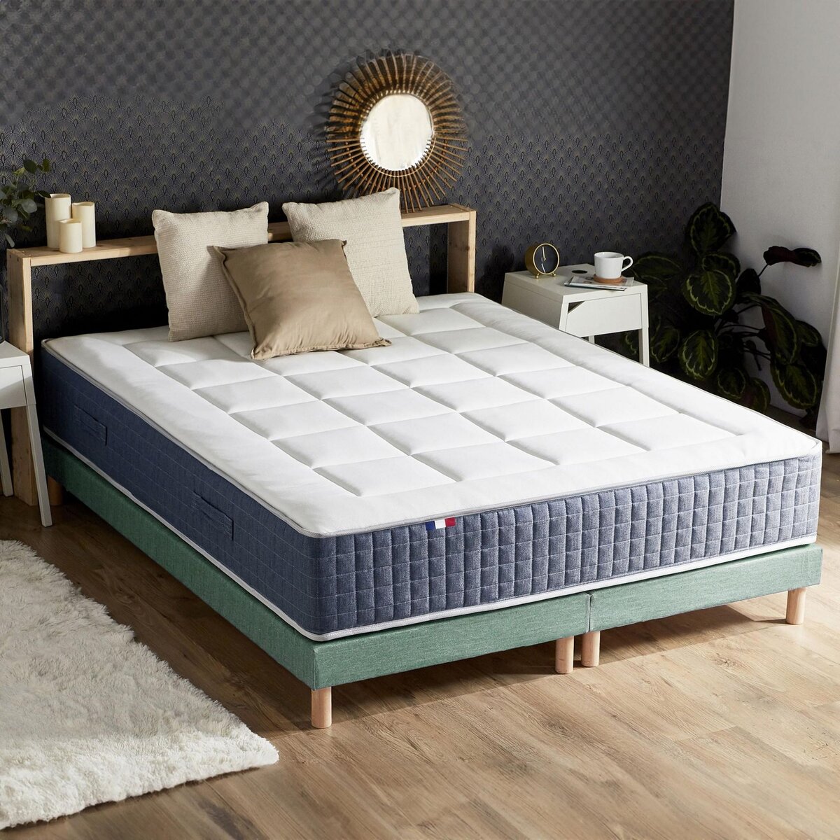 IDLITERIE Ensemble matelas ressort 7 zones KING STYLE, mémoire de forme, sommier, couette, oreillers