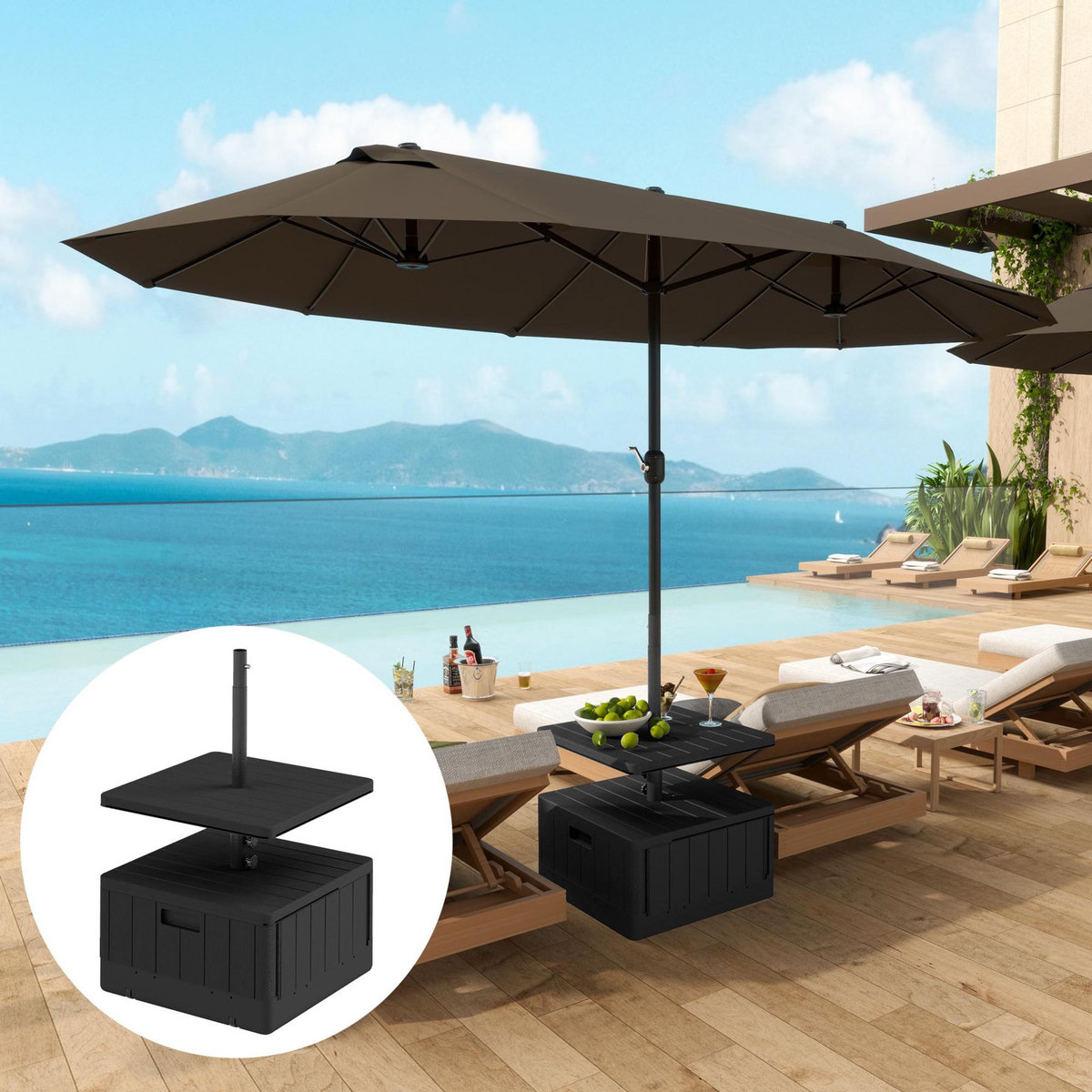 OUTSUNNY Pied de parasol design table basse d'appoint - plateau, étagère, roulettes - HDPE effet bois noir