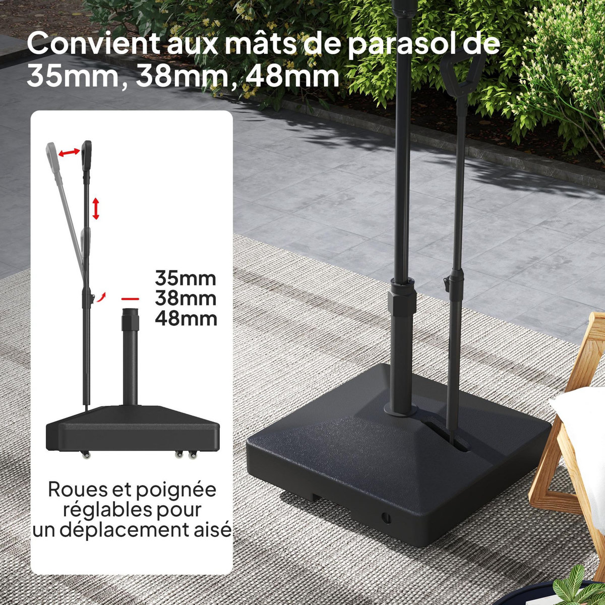 OUTSUNNY Pied de parasol avec poignée ajustable et roulettes - lestage eau sable - dim. 60 x 60 x 100 cm - HDPE noir