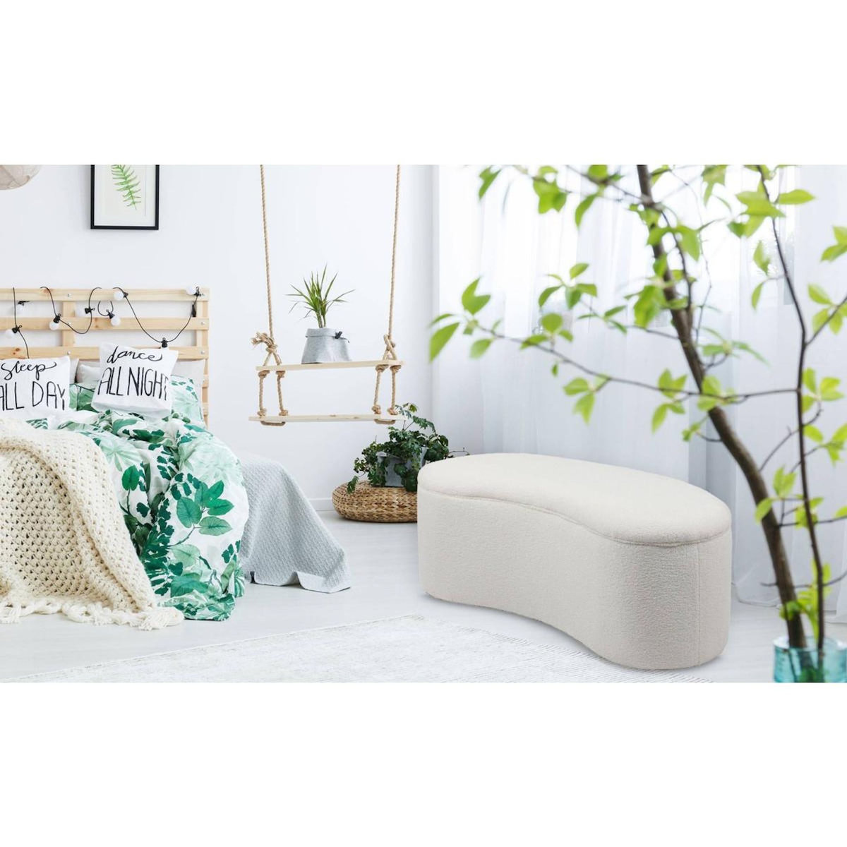 Paris Prix Banquette & Coffre Bouclette  Courbe  120cm Blanc
